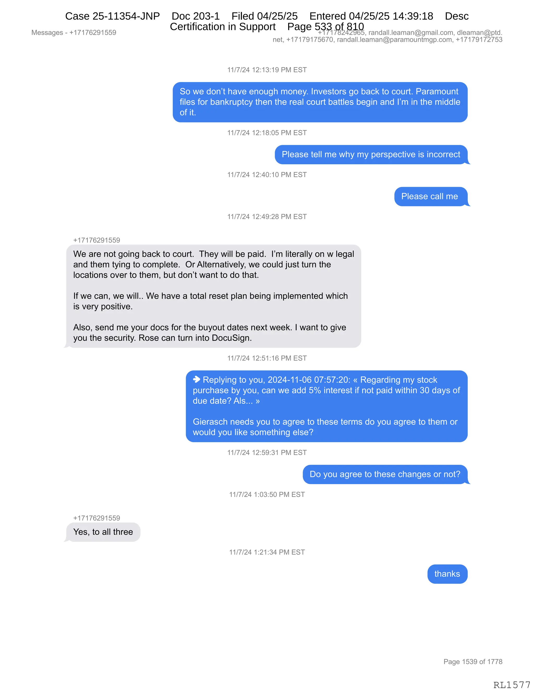 Daryl Heller Bankruptcy Court Filing (text messages and transcripts)