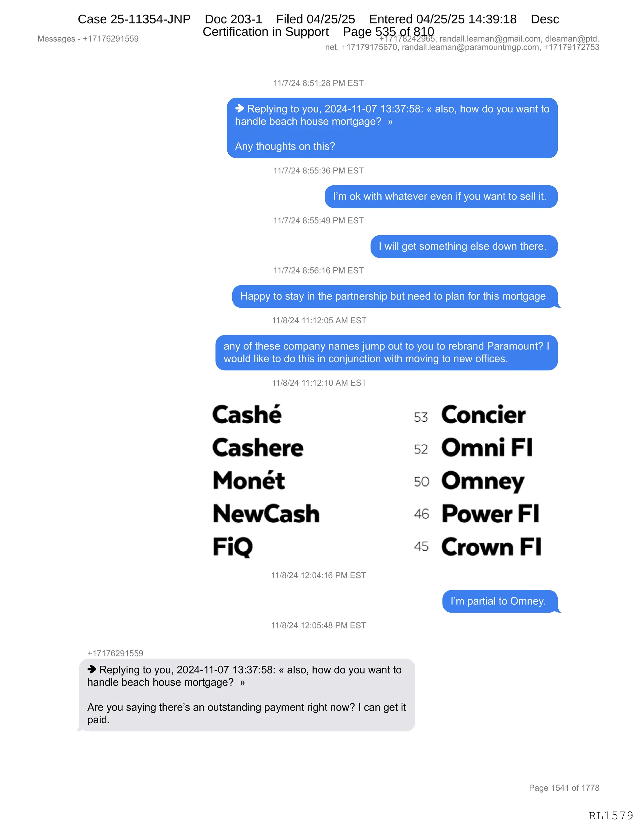 Daryl Heller Bankruptcy Court Filing (text messages and transcripts)