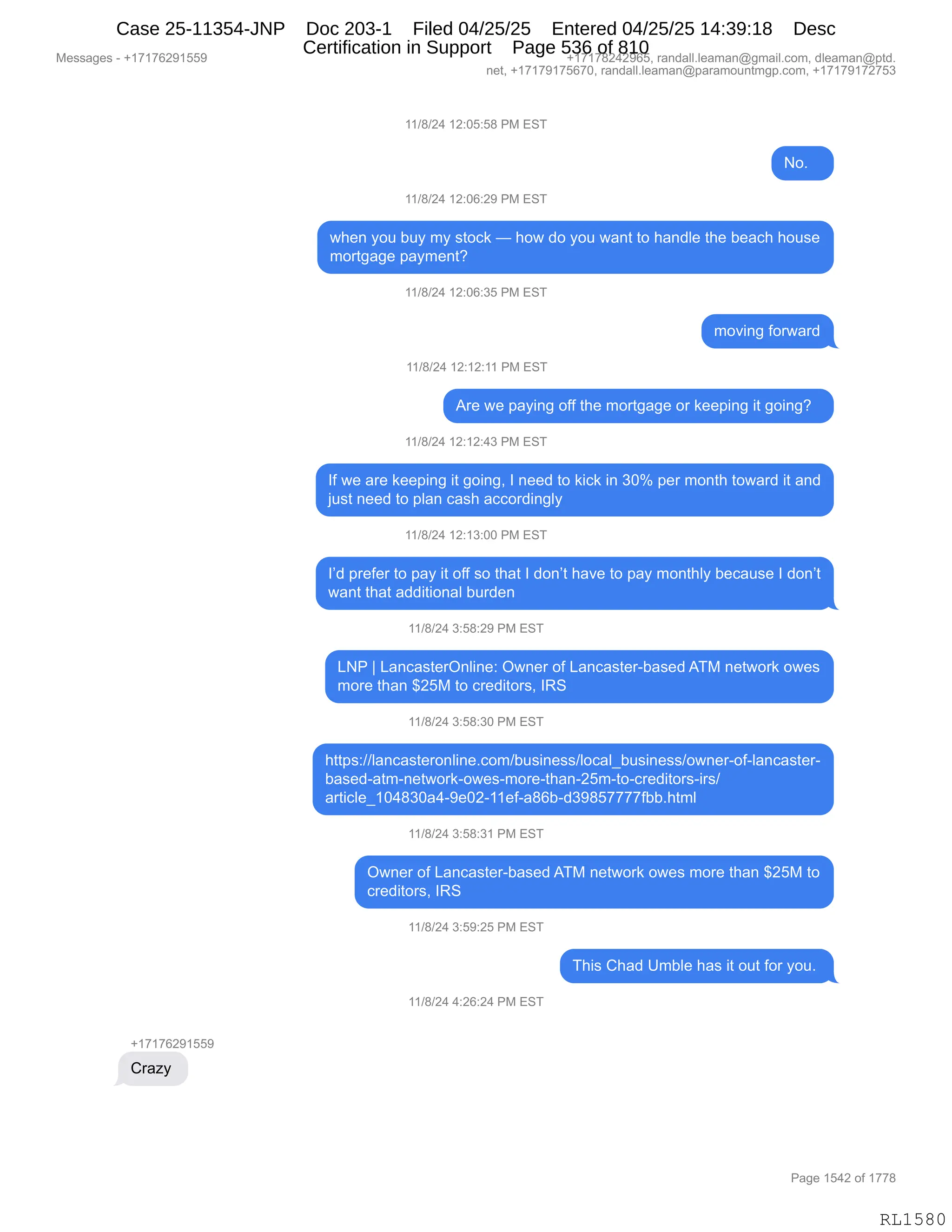 Daryl Heller Bankruptcy Court Filing (text messages and transcripts)