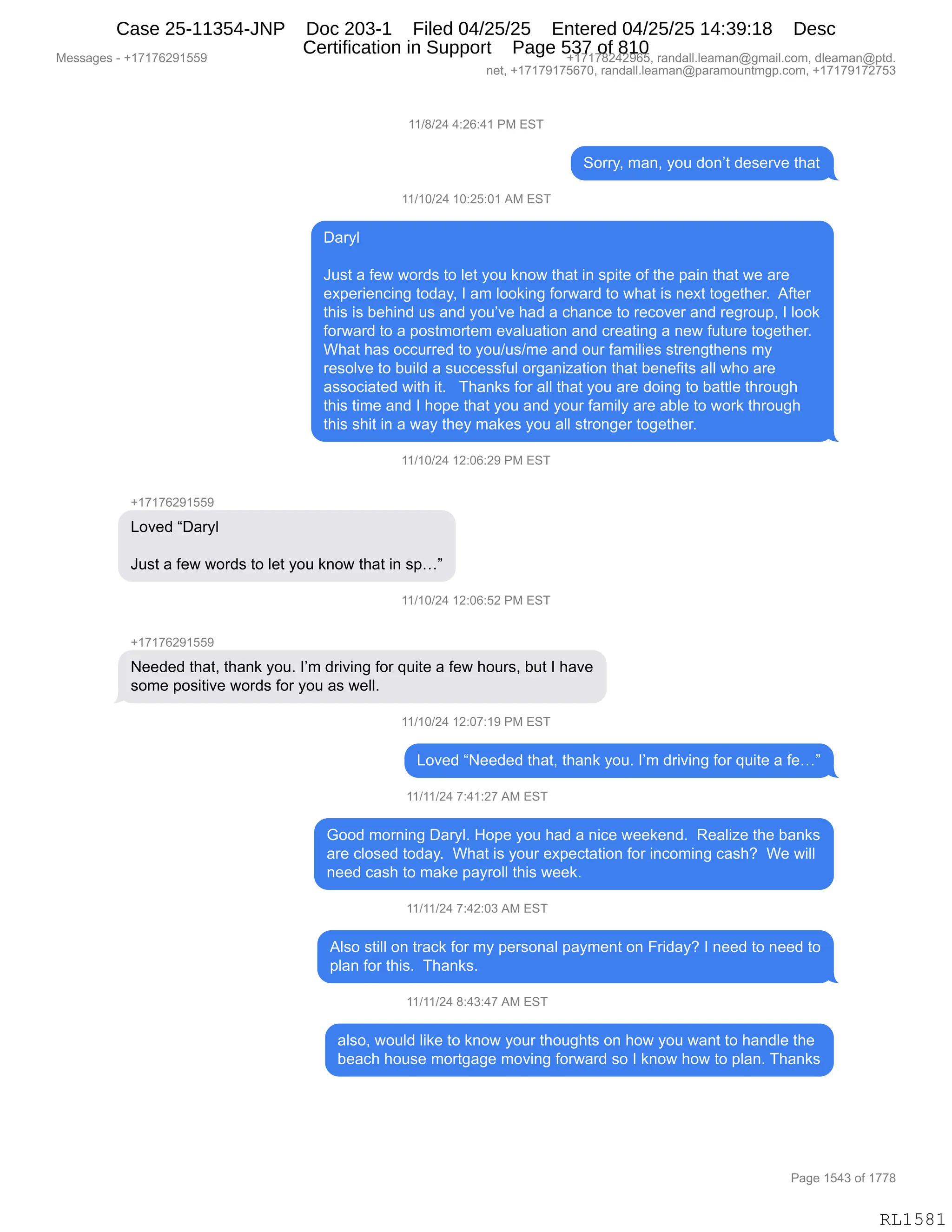 Daryl Heller Bankruptcy Court Filing (text messages and transcripts)