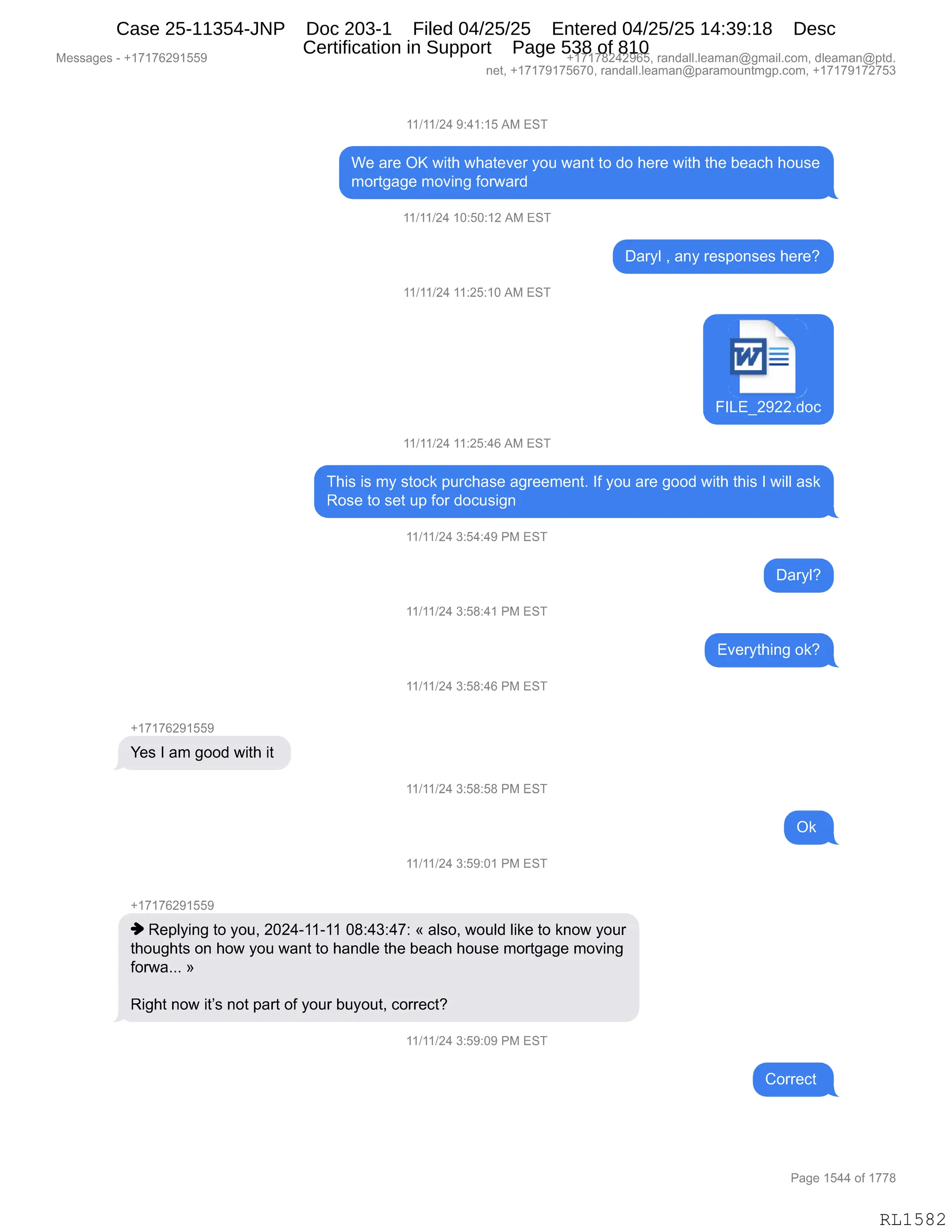 Daryl Heller Bankruptcy Court Filing (text messages and transcripts)