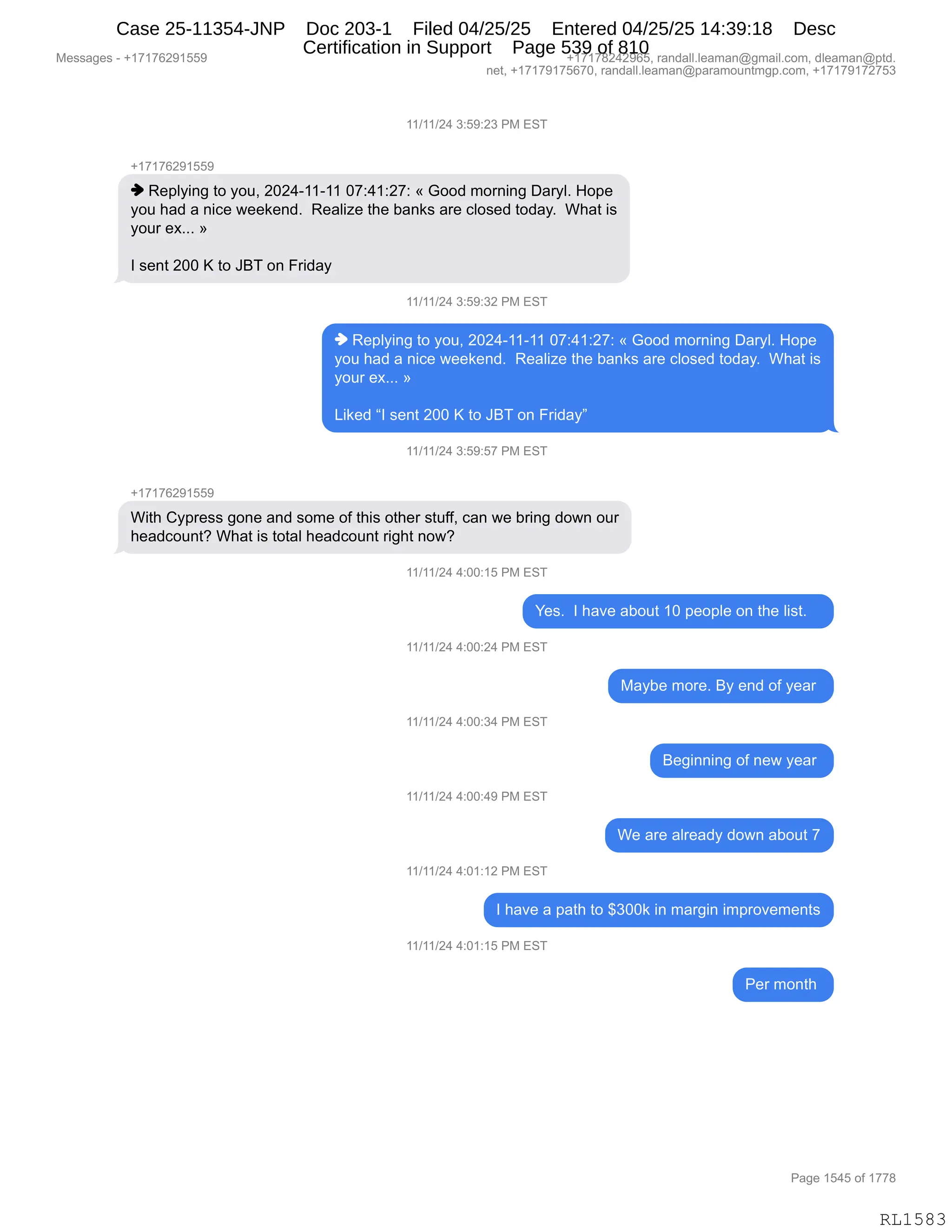 Daryl Heller Bankruptcy Court Filing (text messages and transcripts)