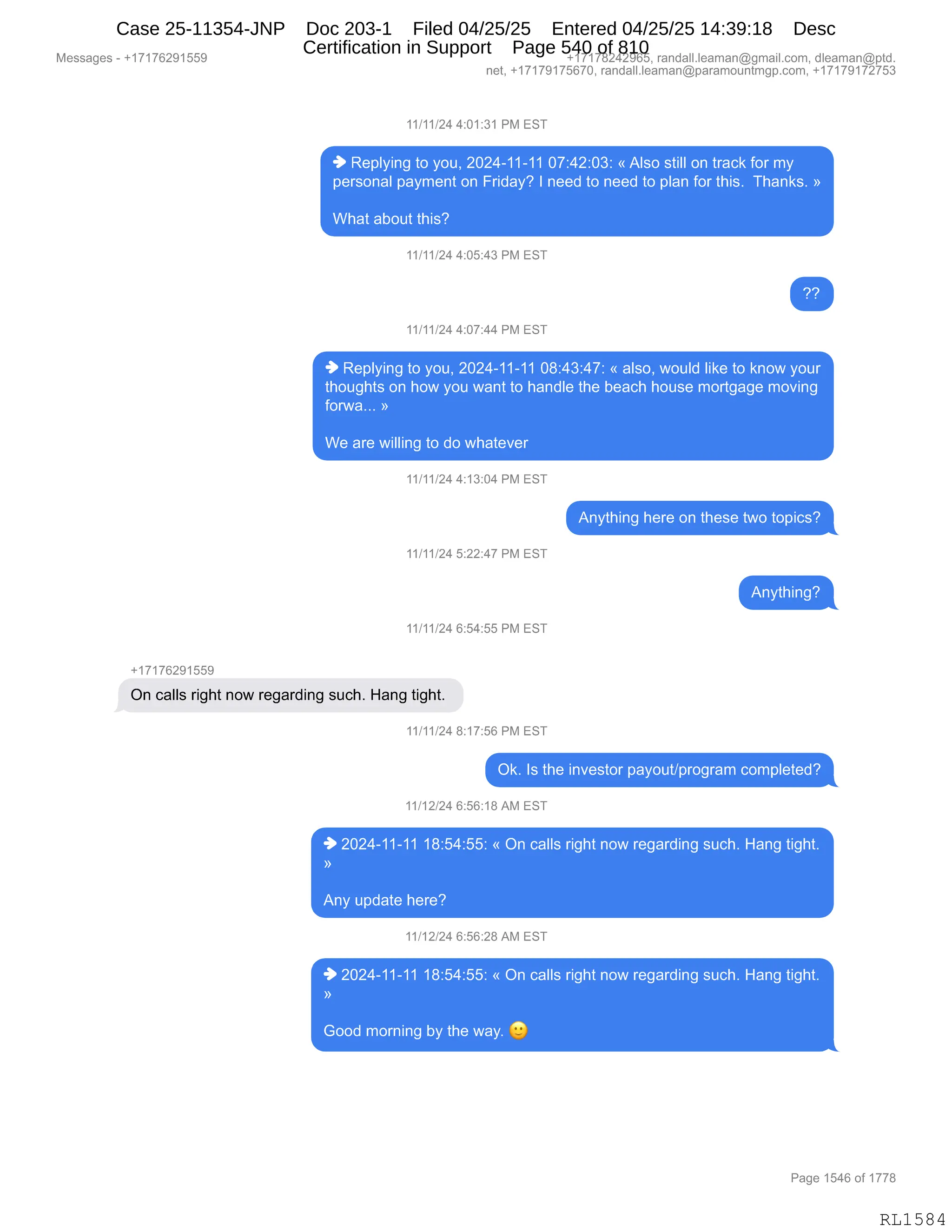 Daryl Heller Bankruptcy Court Filing (text messages and transcripts)