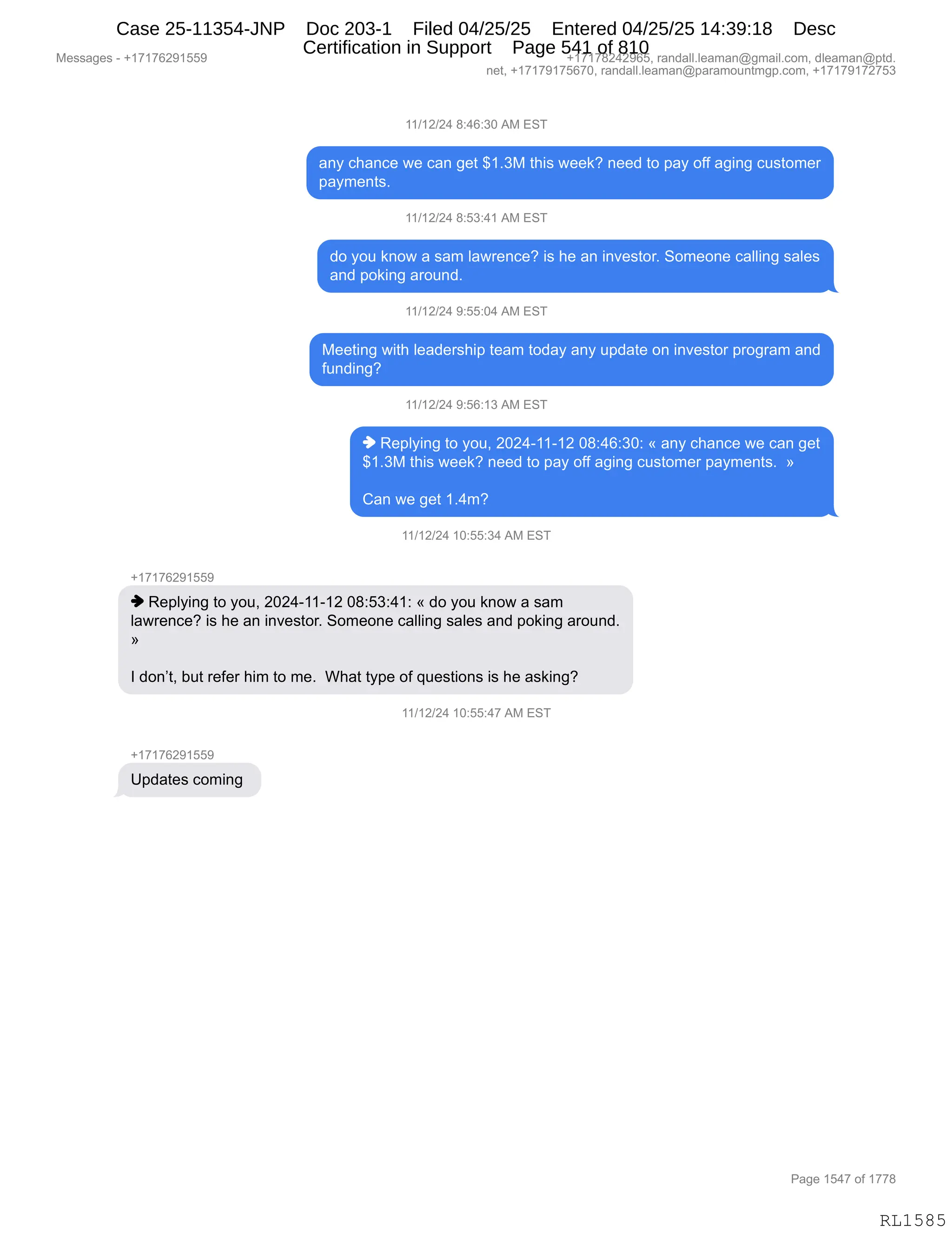 Daryl Heller Bankruptcy Court Filing (text messages and transcripts)