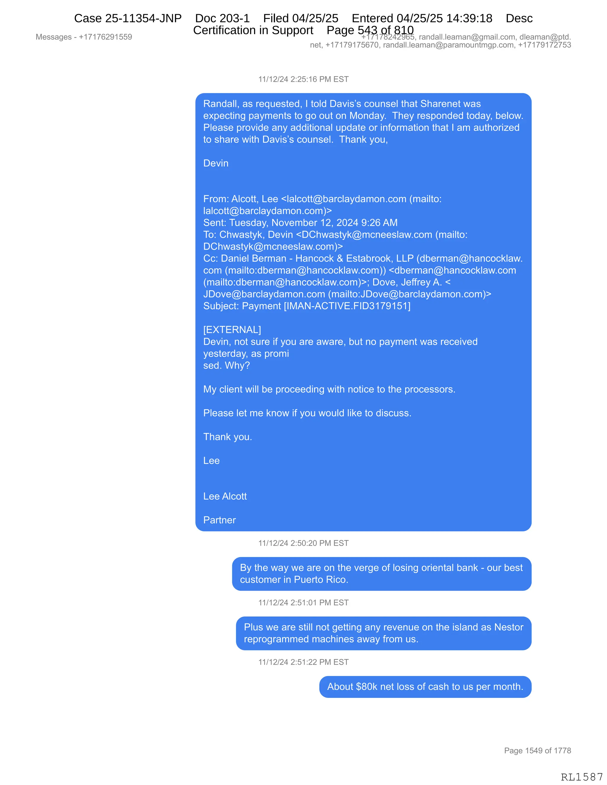 Daryl Heller Bankruptcy Court Filing (text messages and transcripts)