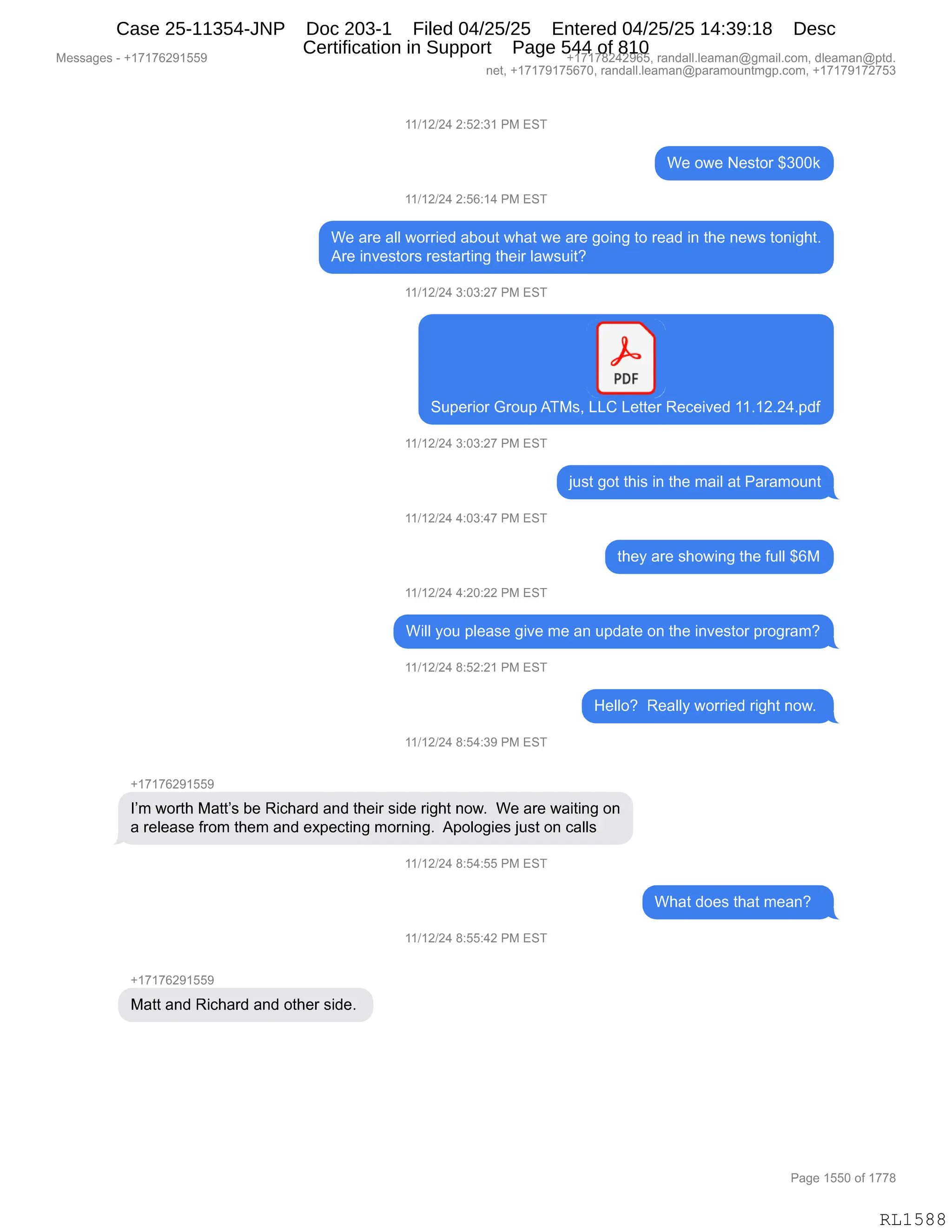 Daryl Heller Bankruptcy Court Filing (text messages and transcripts)