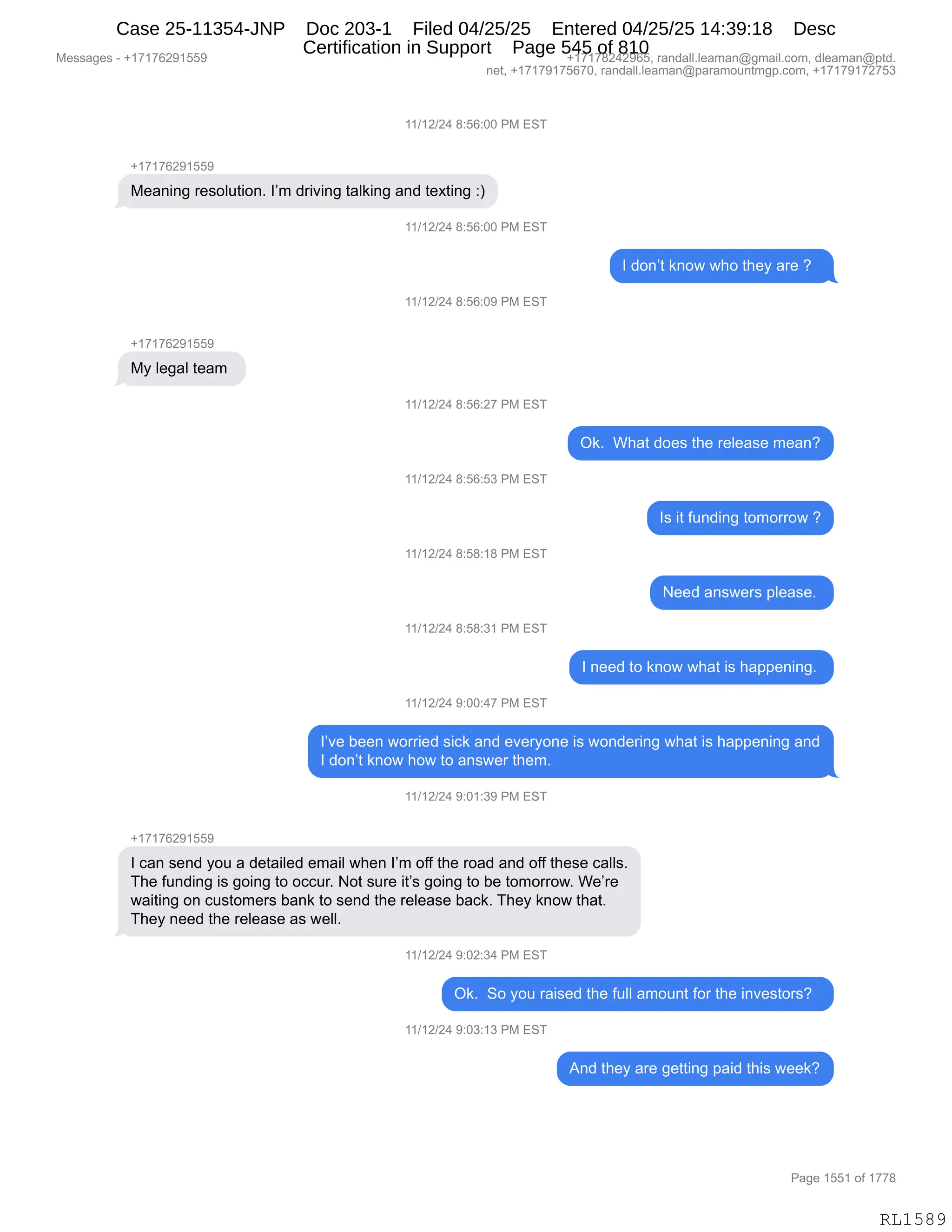 Daryl Heller Bankruptcy Court Filing (text messages and transcripts)