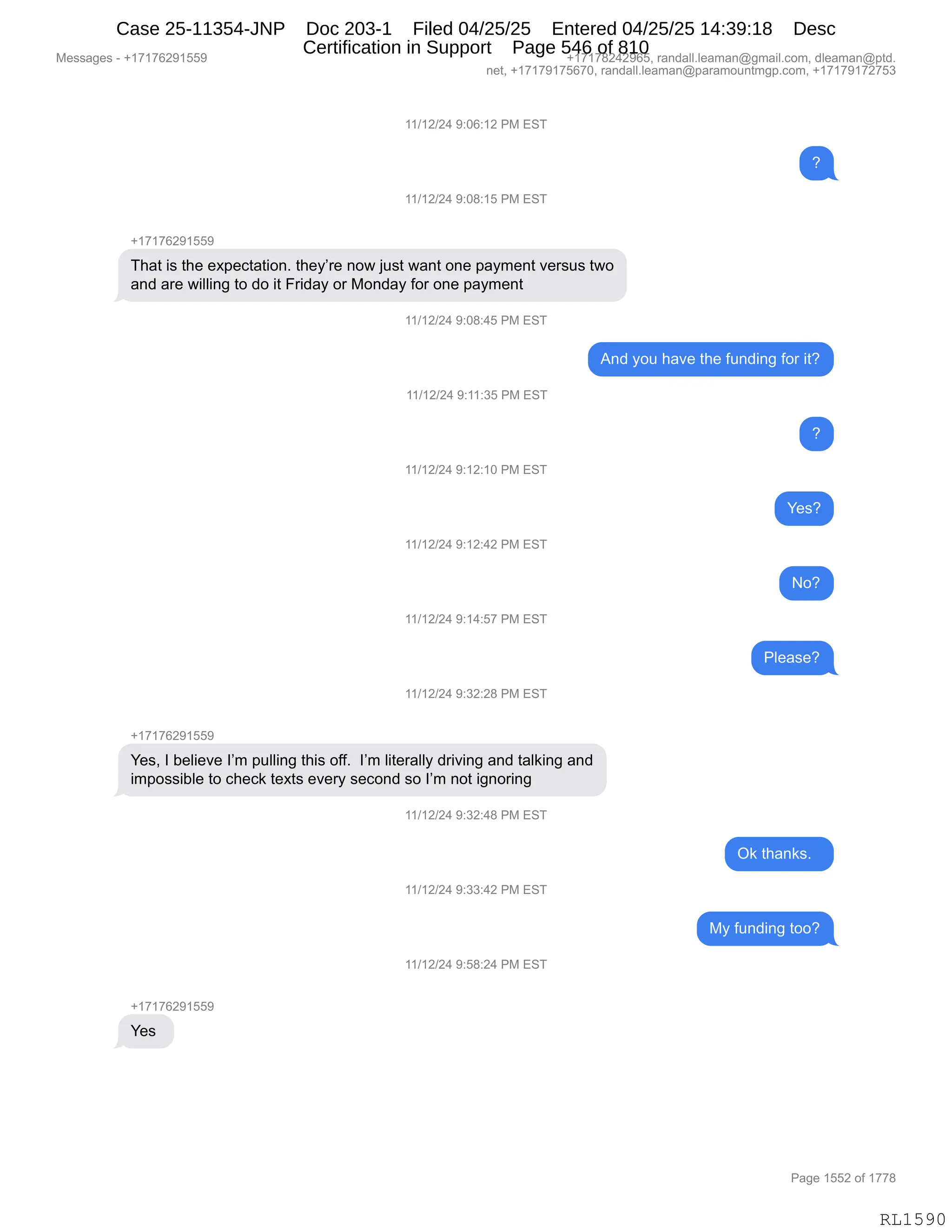 Daryl Heller Bankruptcy Court Filing (text messages and transcripts)