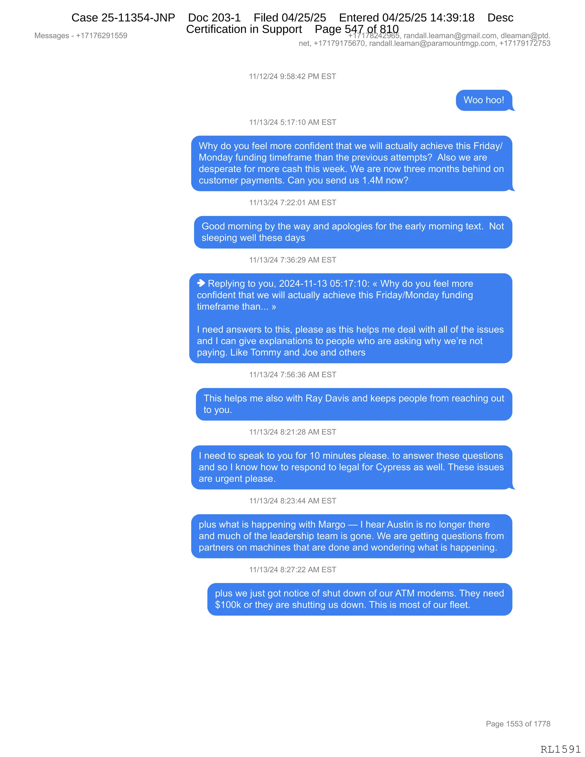 Daryl Heller Bankruptcy Court Filing (text messages and transcripts)