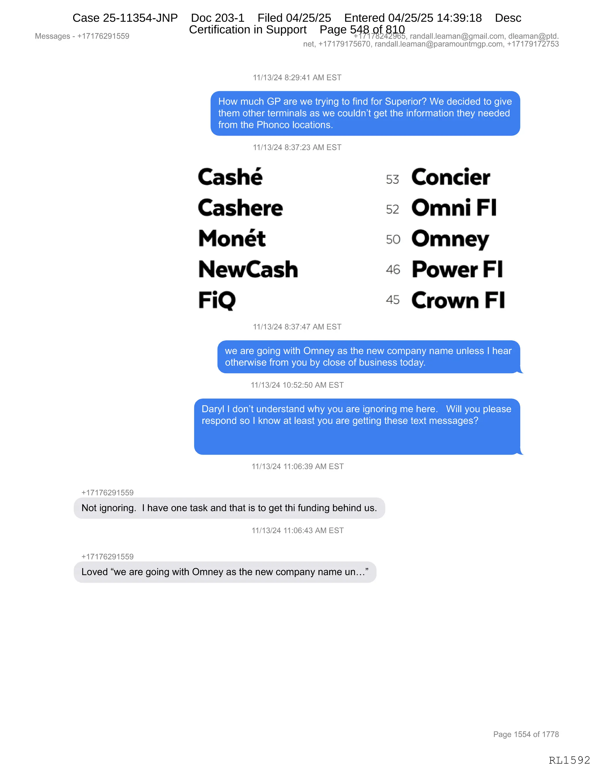 Daryl Heller Bankruptcy Court Filing (text messages and transcripts)