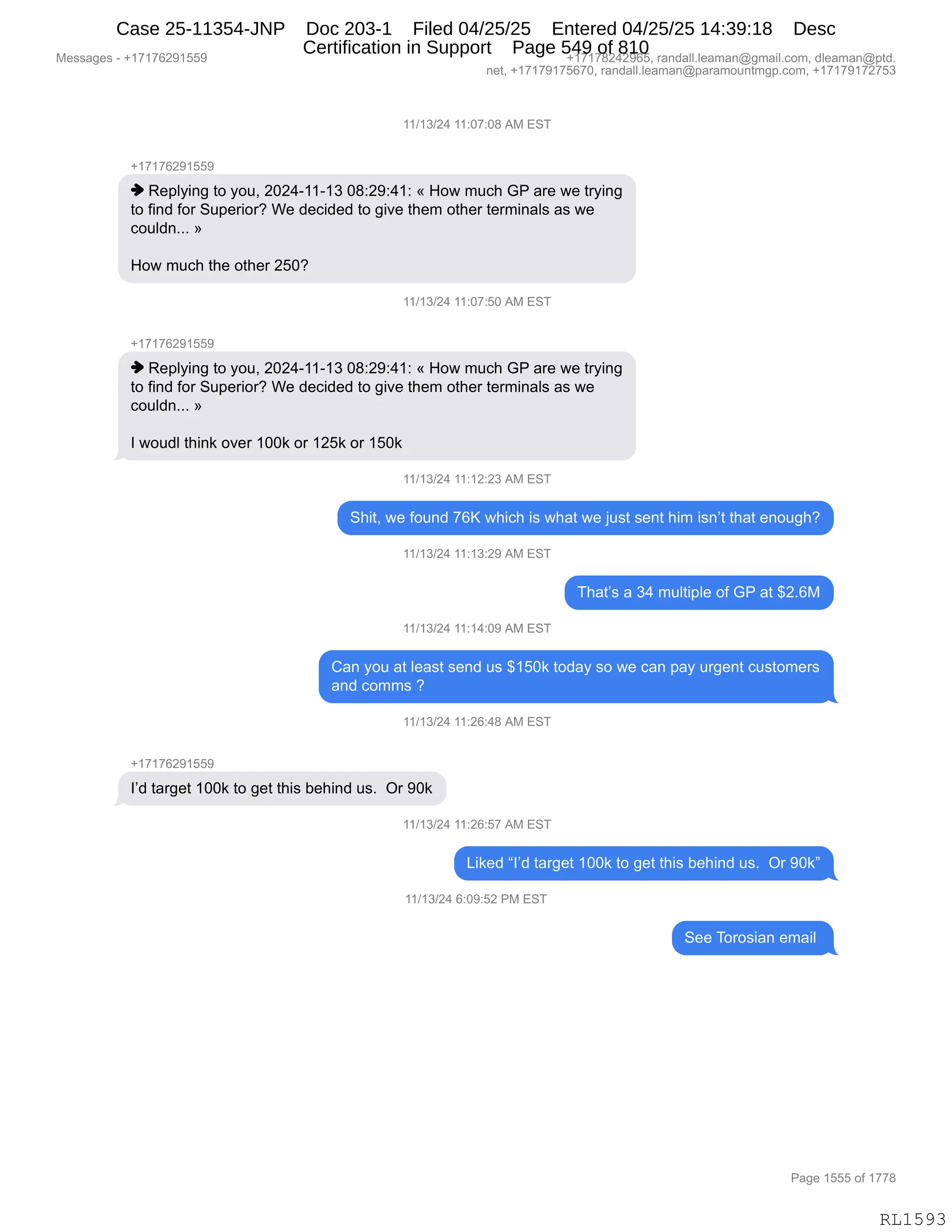 Daryl Heller Bankruptcy Court Filing (text messages and transcripts)