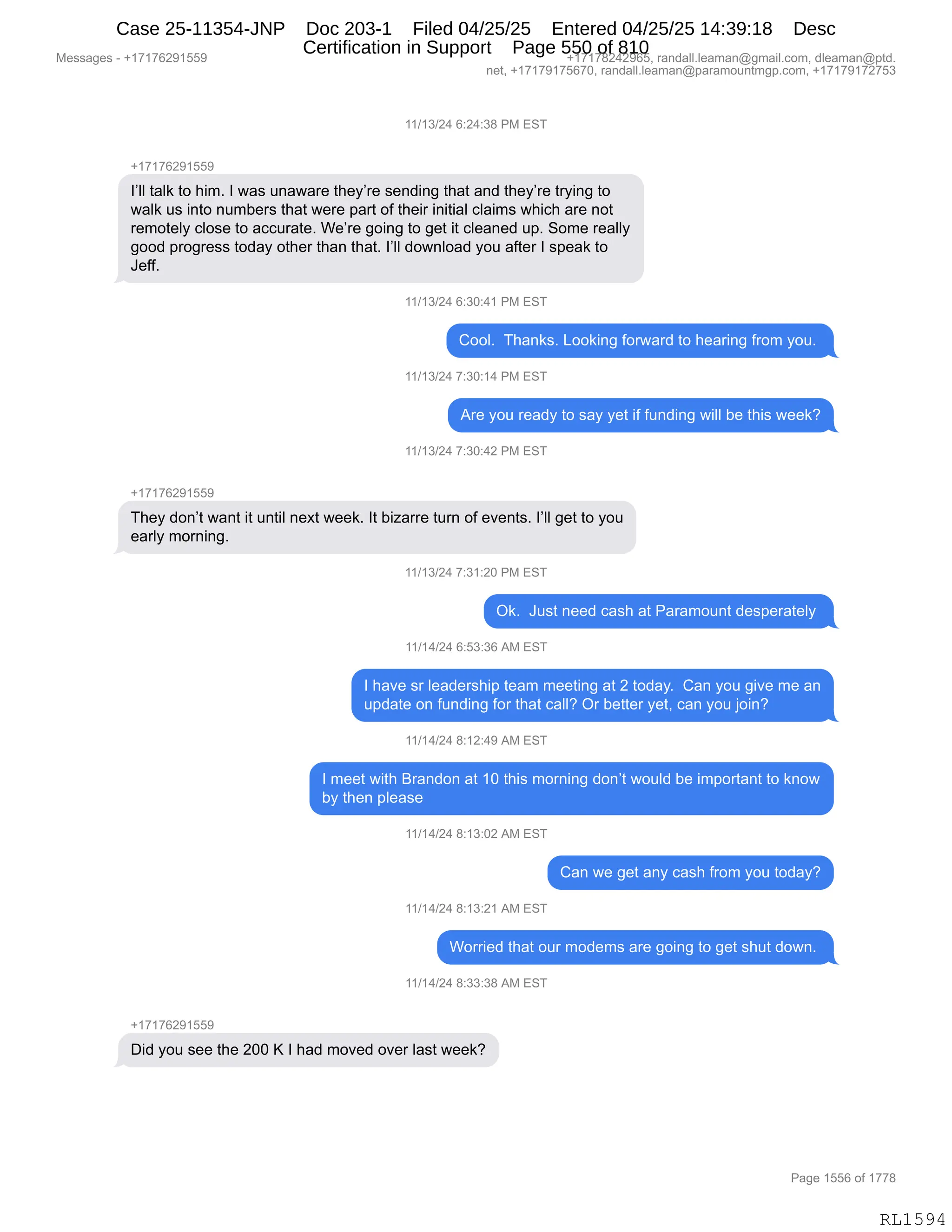 Daryl Heller Bankruptcy Court Filing (text messages and transcripts)