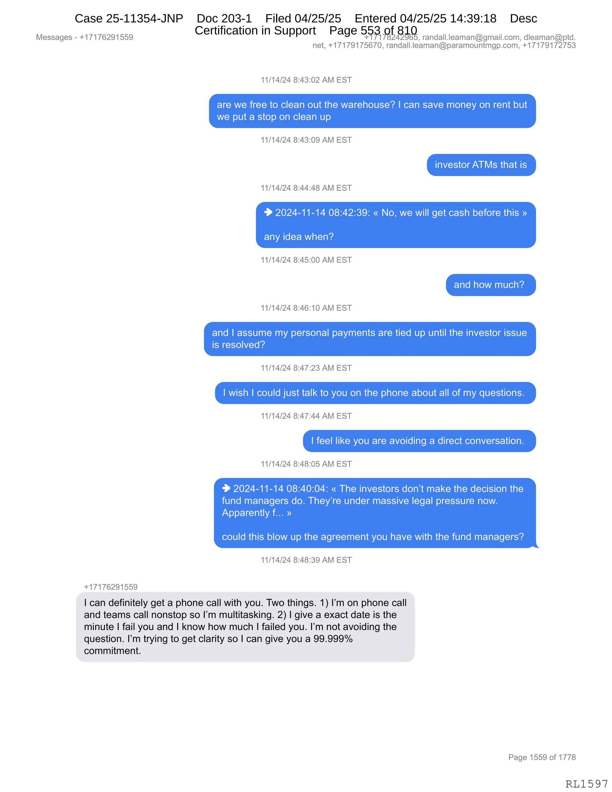 Daryl Heller Bankruptcy Court Filing (text messages and transcripts)