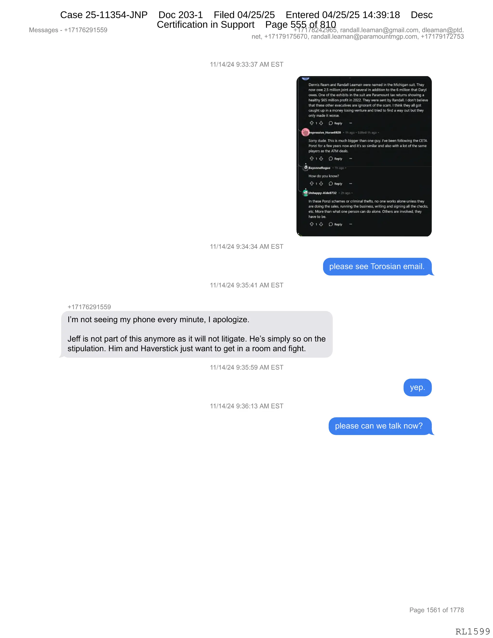 Daryl Heller Bankruptcy Court Filing (text messages and transcripts)