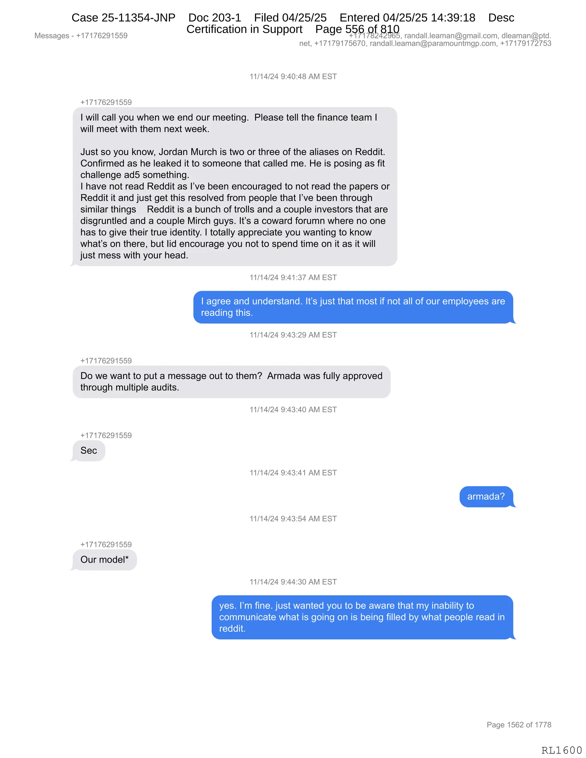 Daryl Heller Bankruptcy Court Filing (text messages and transcripts)