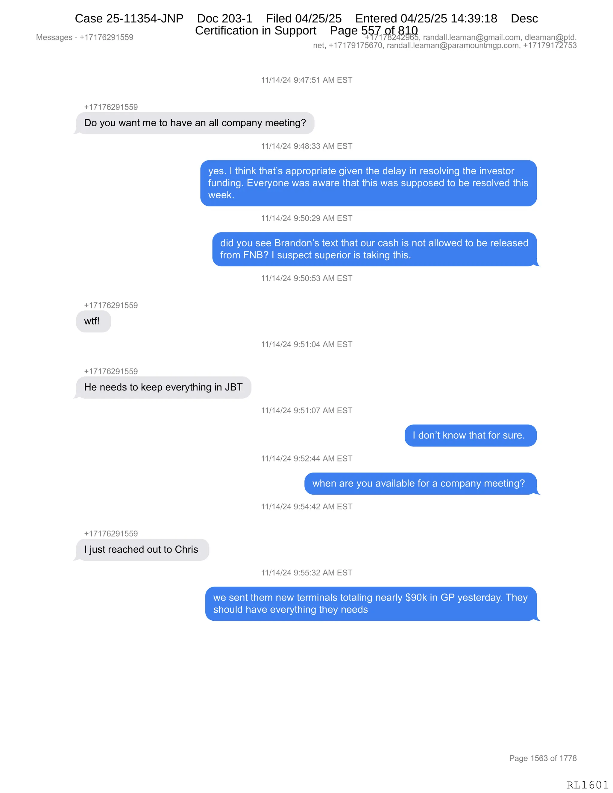 Daryl Heller Bankruptcy Court Filing (text messages and transcripts)