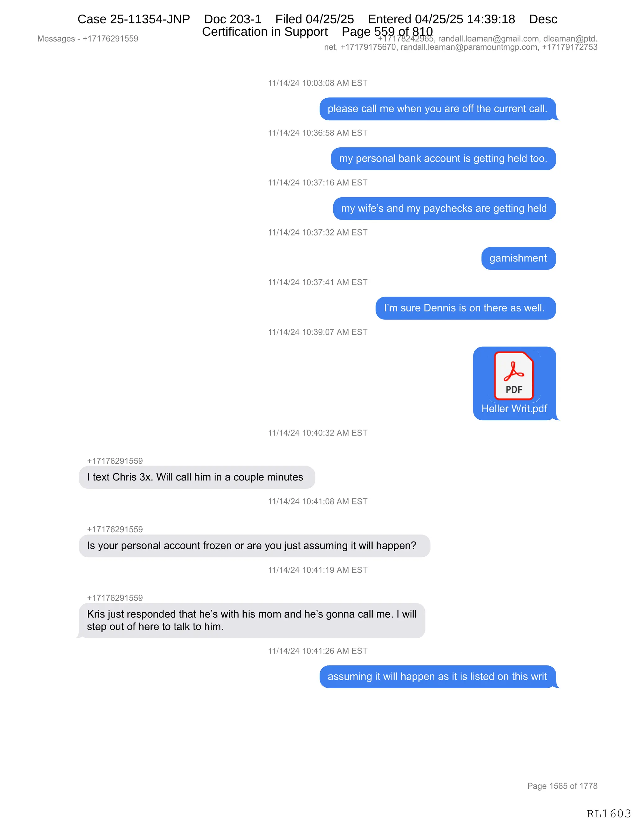 Daryl Heller Bankruptcy Court Filing (text messages and transcripts)