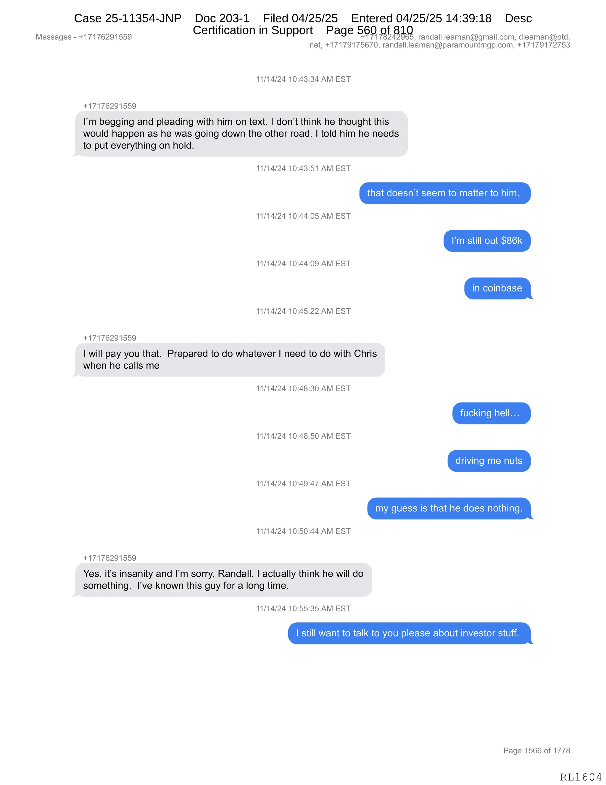 Daryl Heller Bankruptcy Court Filing (text messages and transcripts)