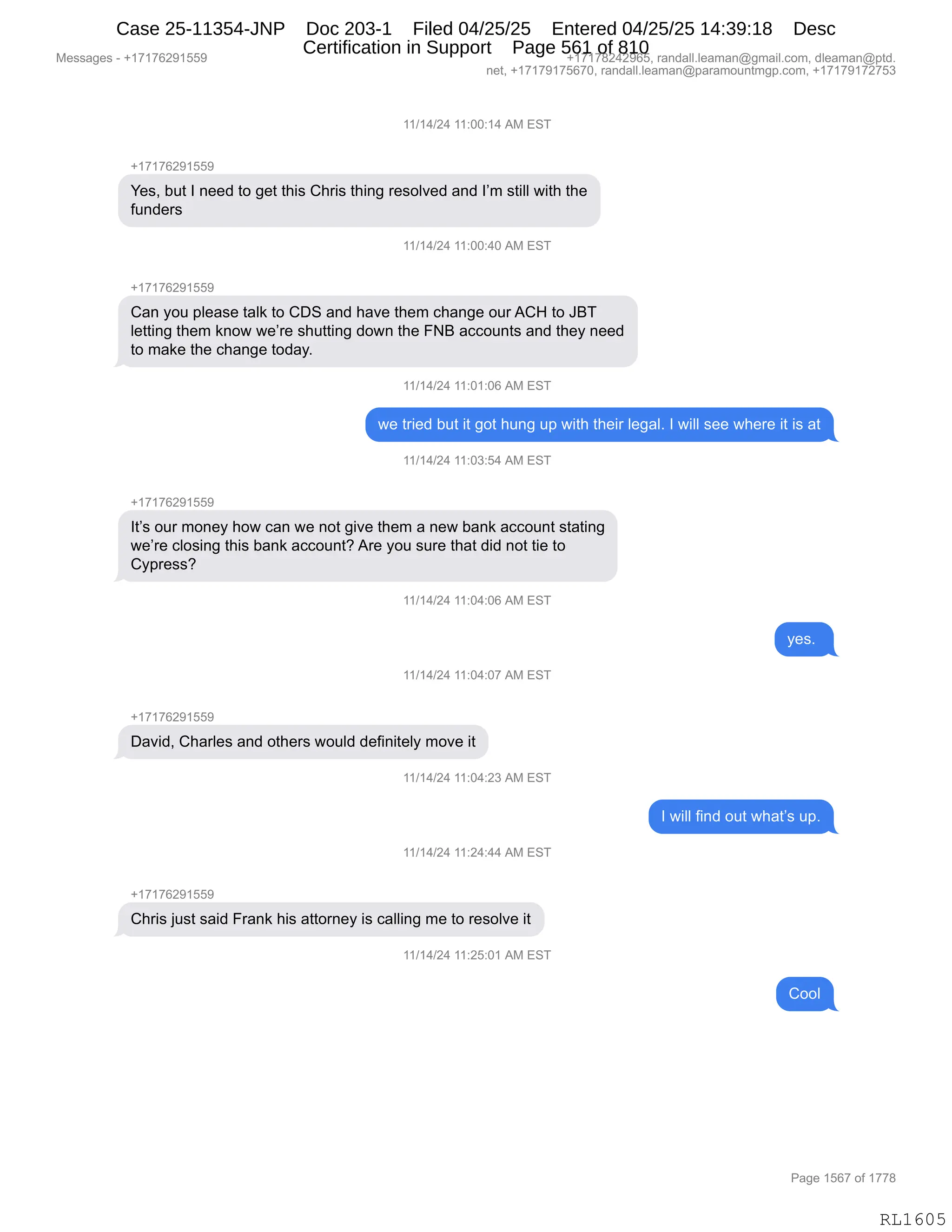 Daryl Heller Bankruptcy Court Filing (text messages and transcripts)