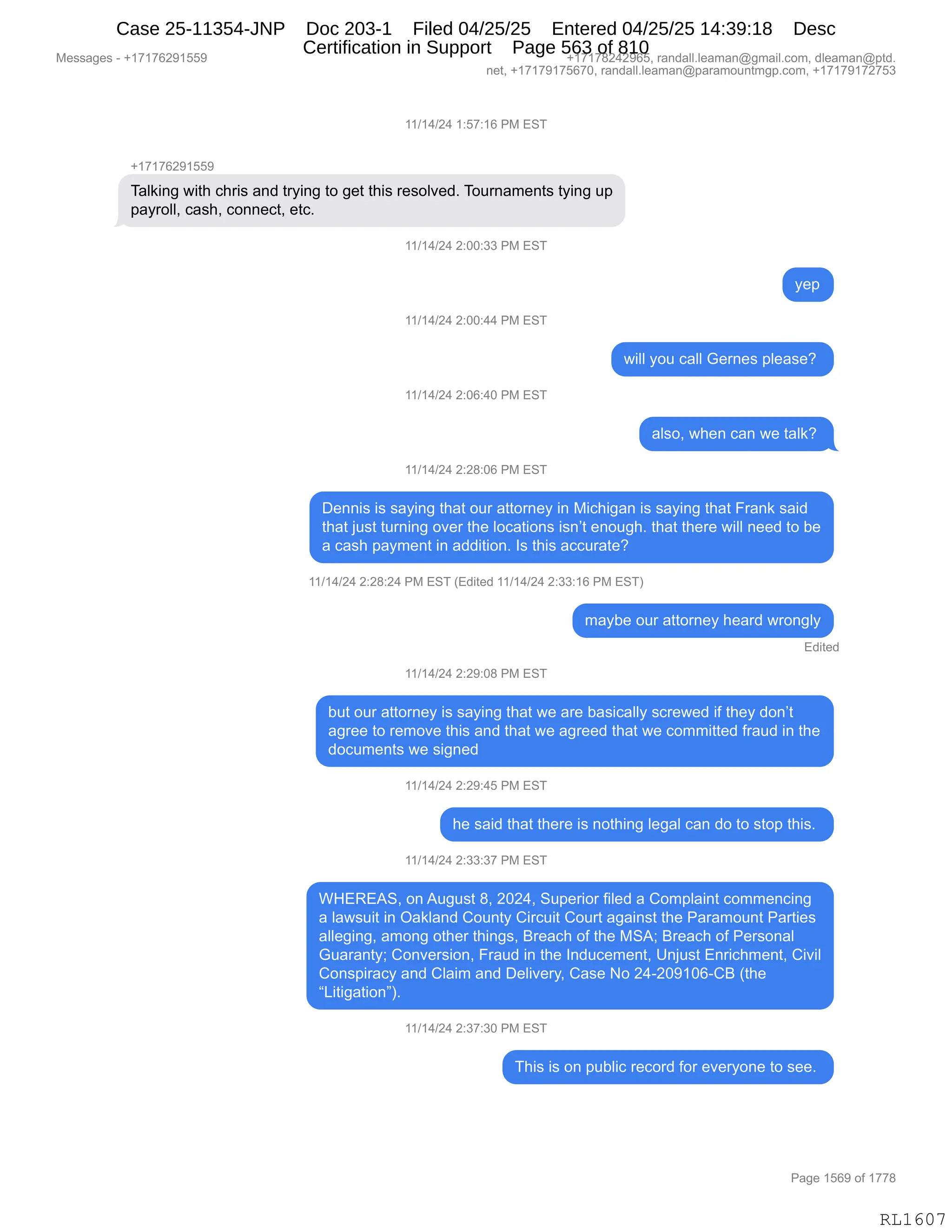 Daryl Heller Bankruptcy Court Filing (text messages and transcripts)