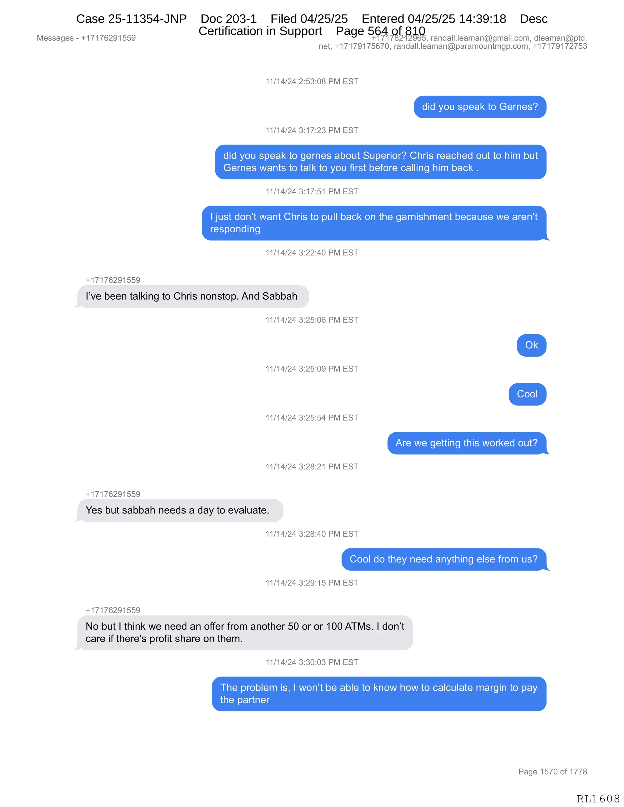 Daryl Heller Bankruptcy Court Filing (text messages and transcripts)