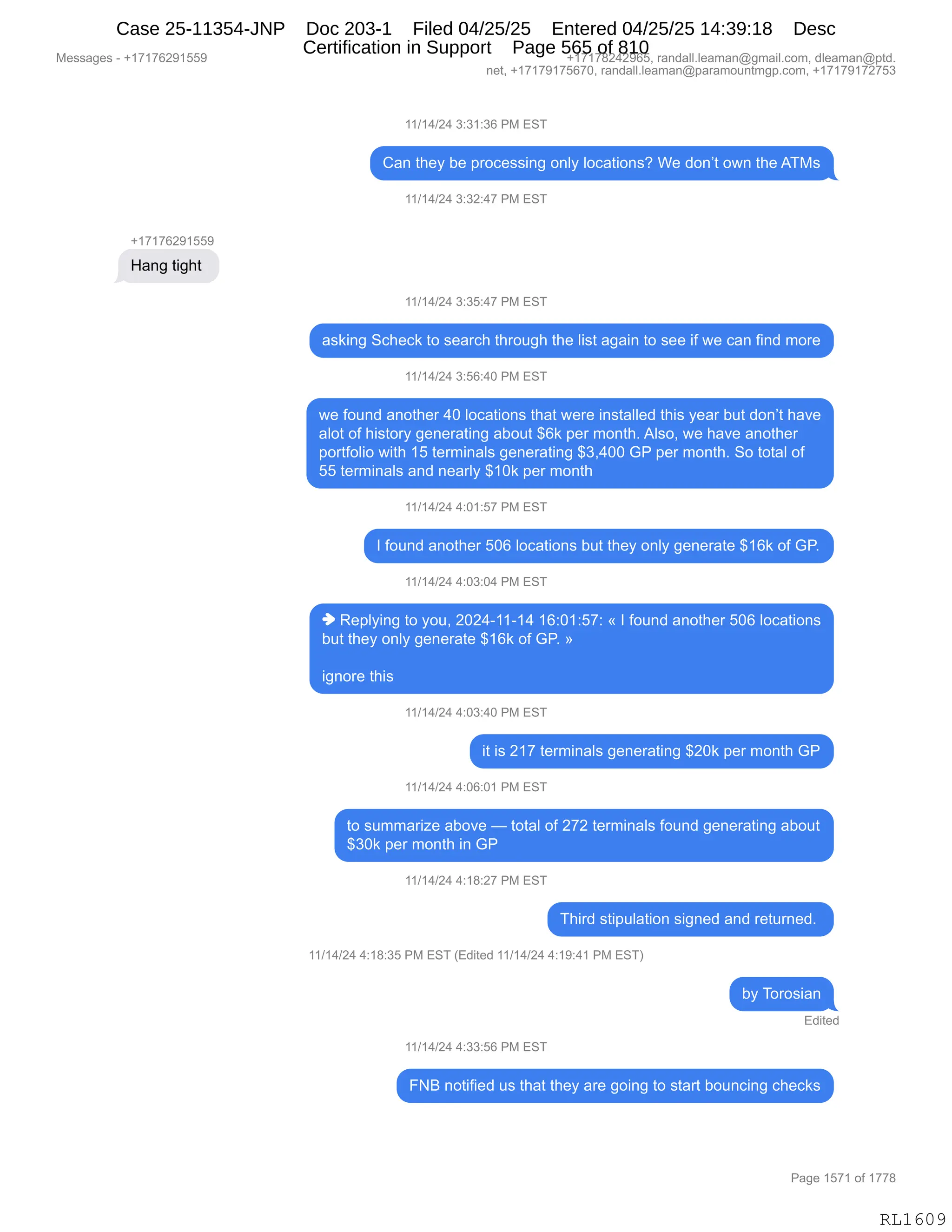 Daryl Heller Bankruptcy Court Filing (text messages and transcripts)