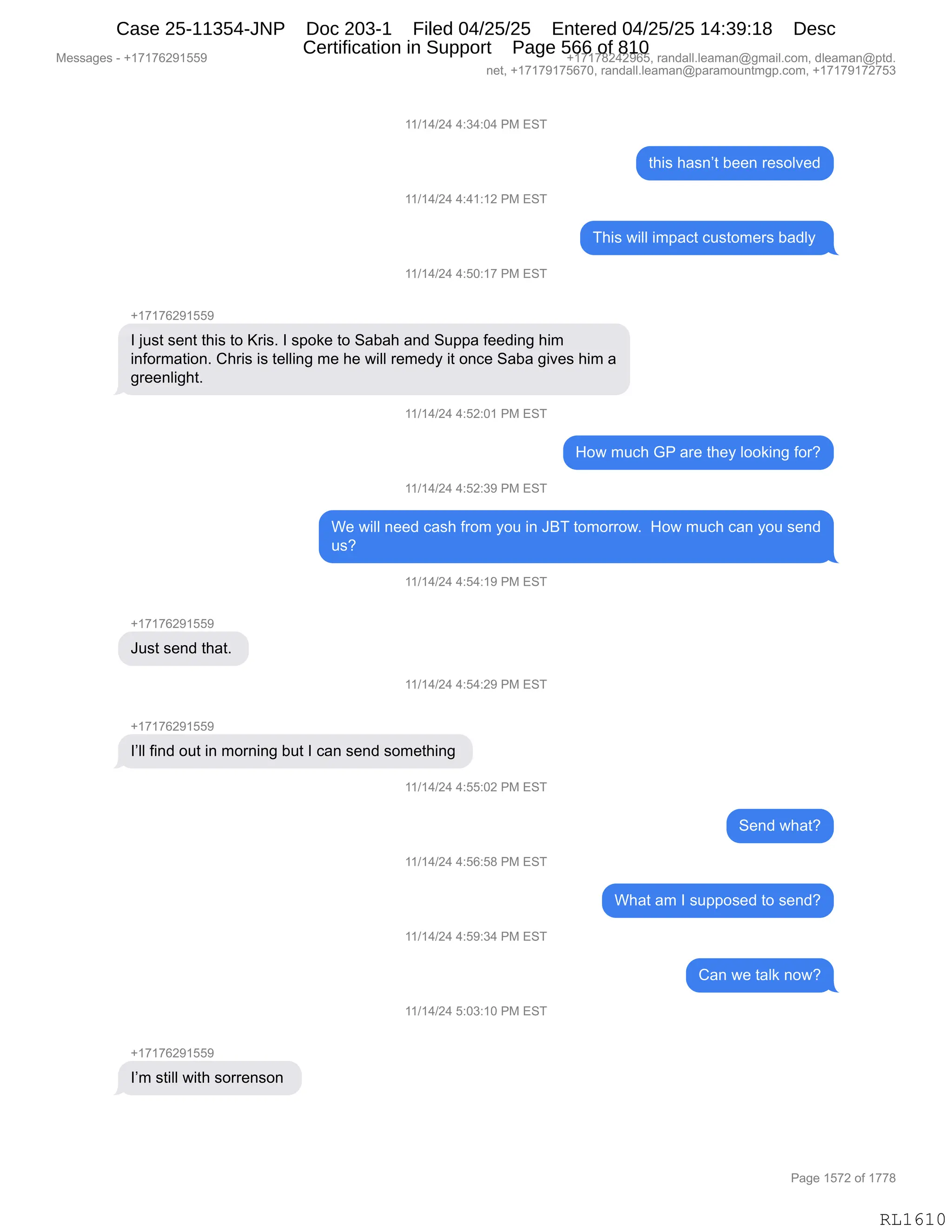 Daryl Heller Bankruptcy Court Filing (text messages and transcripts)