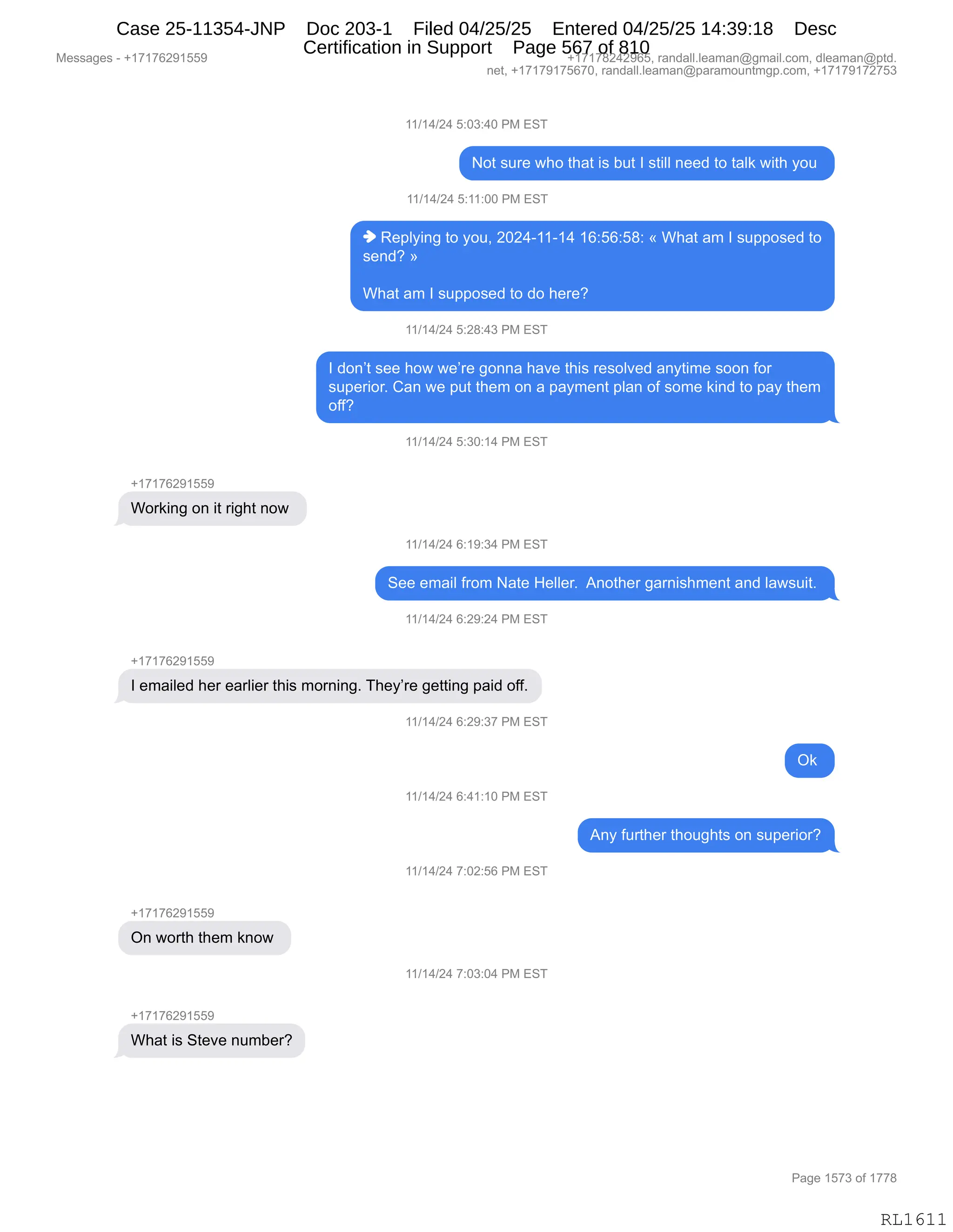 Daryl Heller Bankruptcy Court Filing (text messages and transcripts)