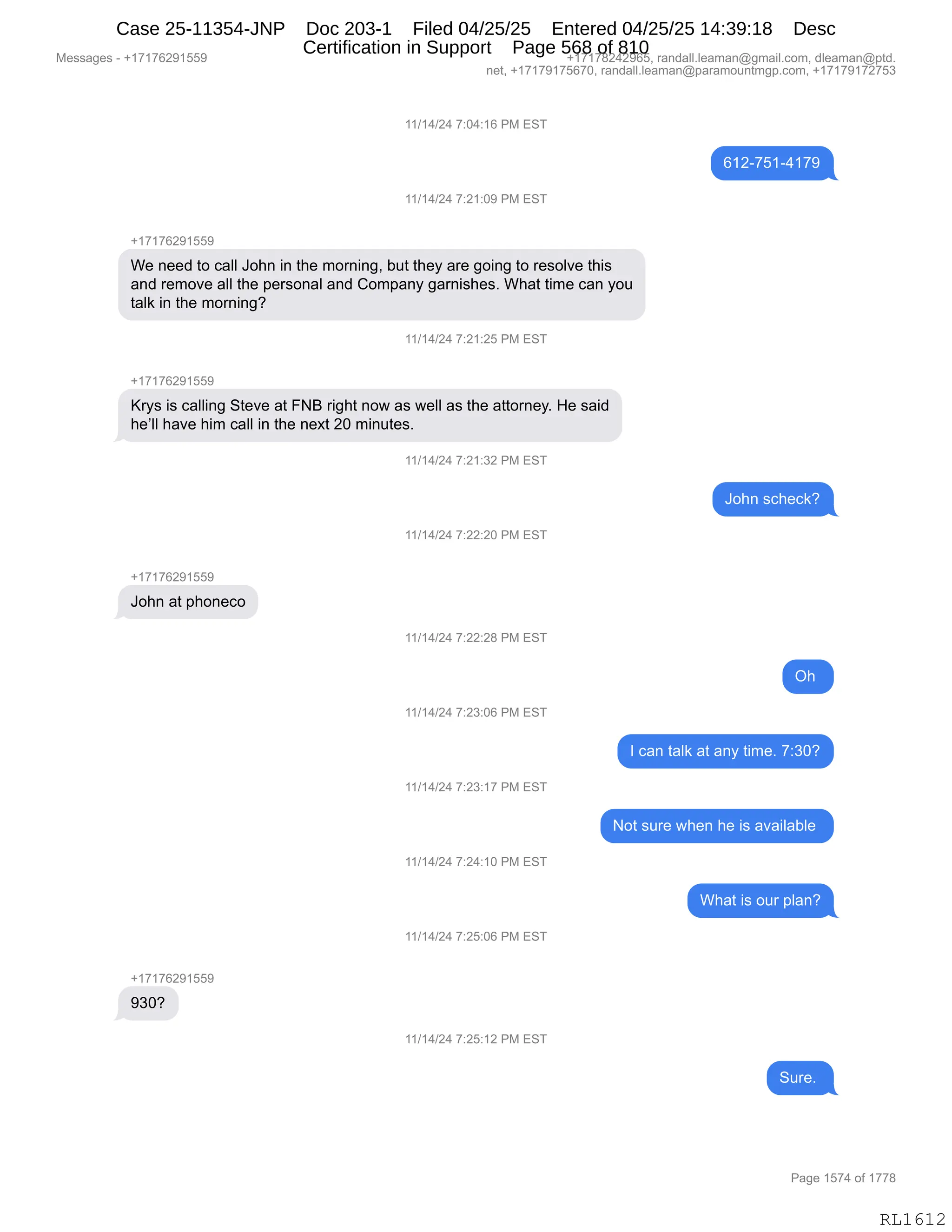 Daryl Heller Bankruptcy Court Filing (text messages and transcripts)