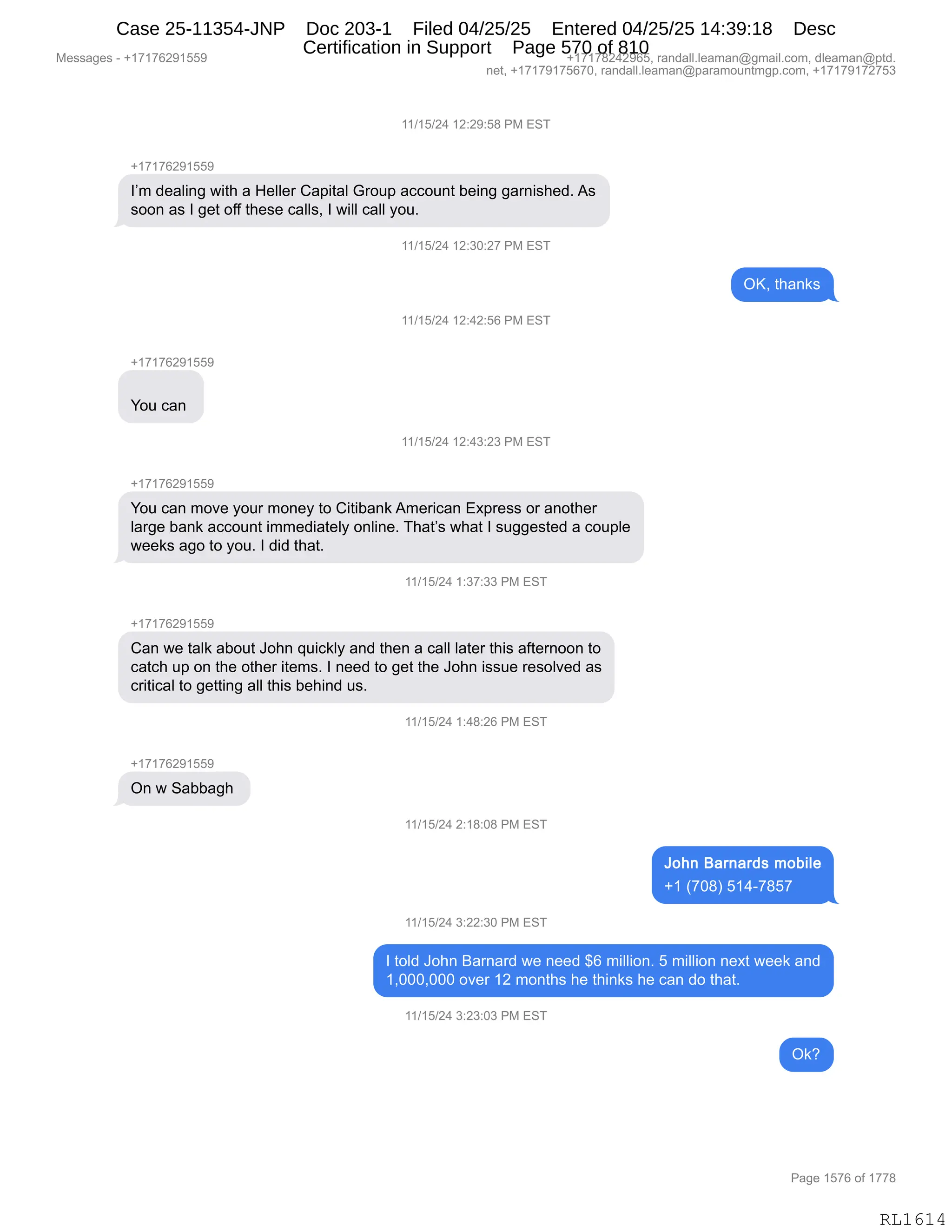 Daryl Heller Bankruptcy Court Filing (text messages and transcripts)