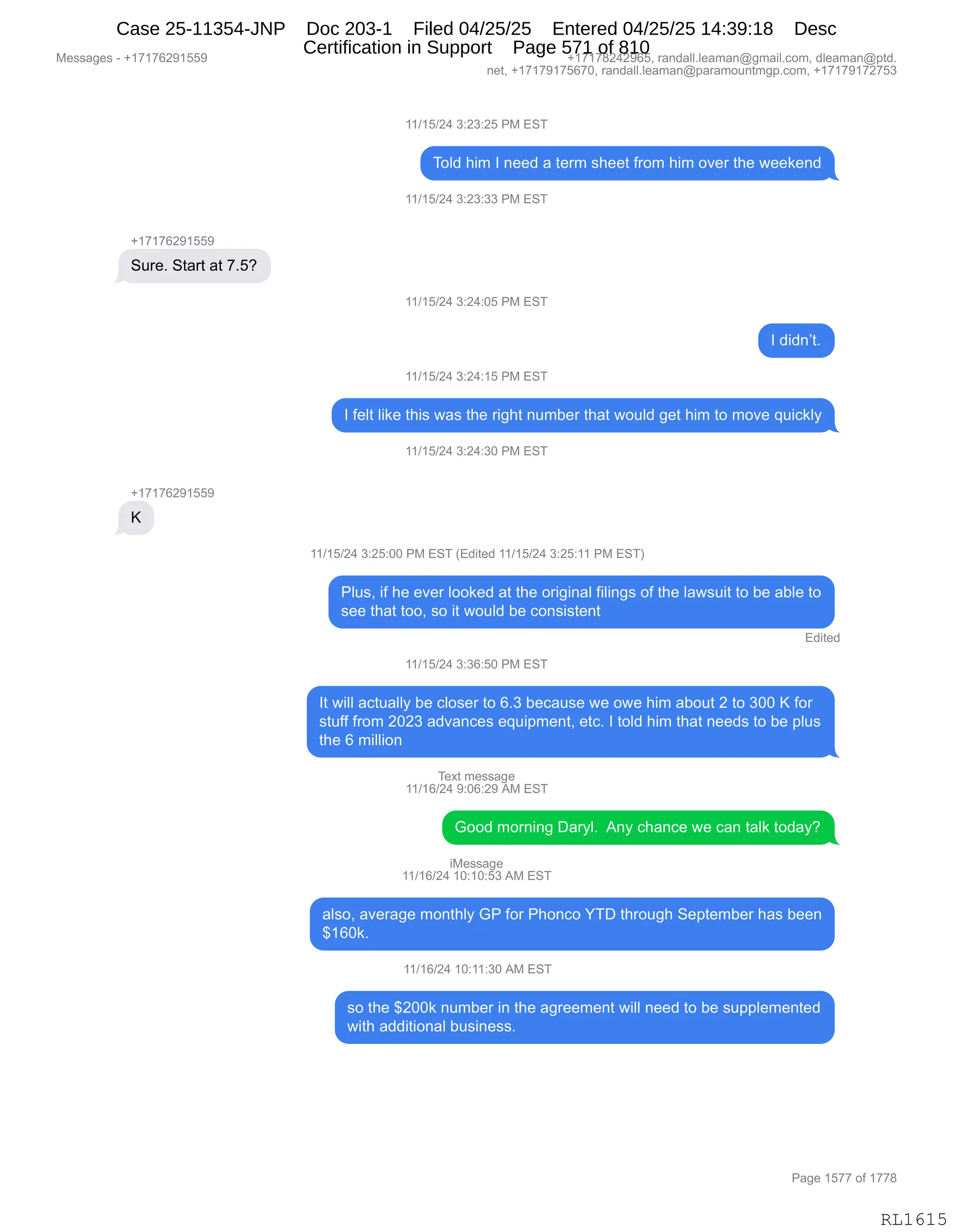 Daryl Heller Bankruptcy Court Filing (text messages and transcripts)