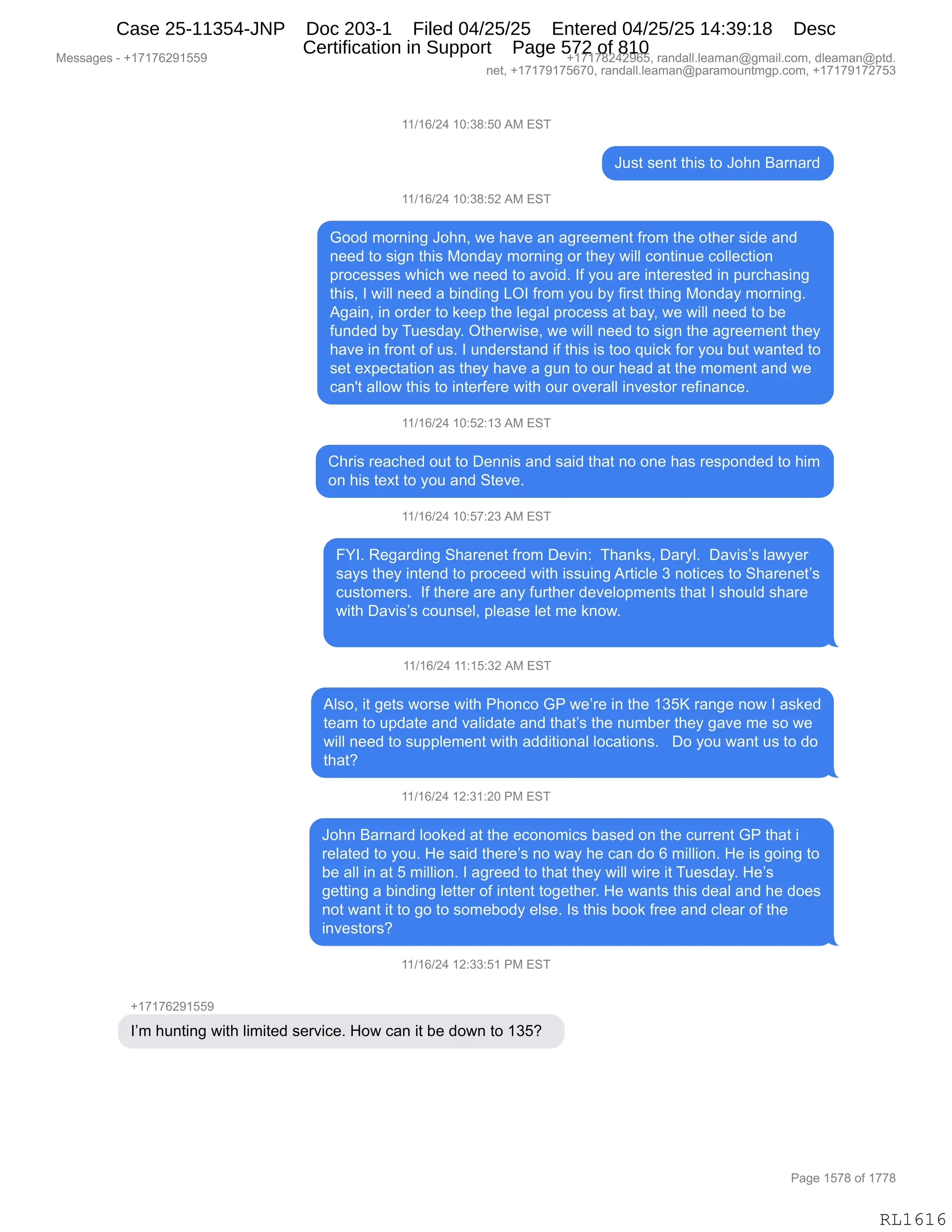 Daryl Heller Bankruptcy Court Filing (text messages and transcripts)