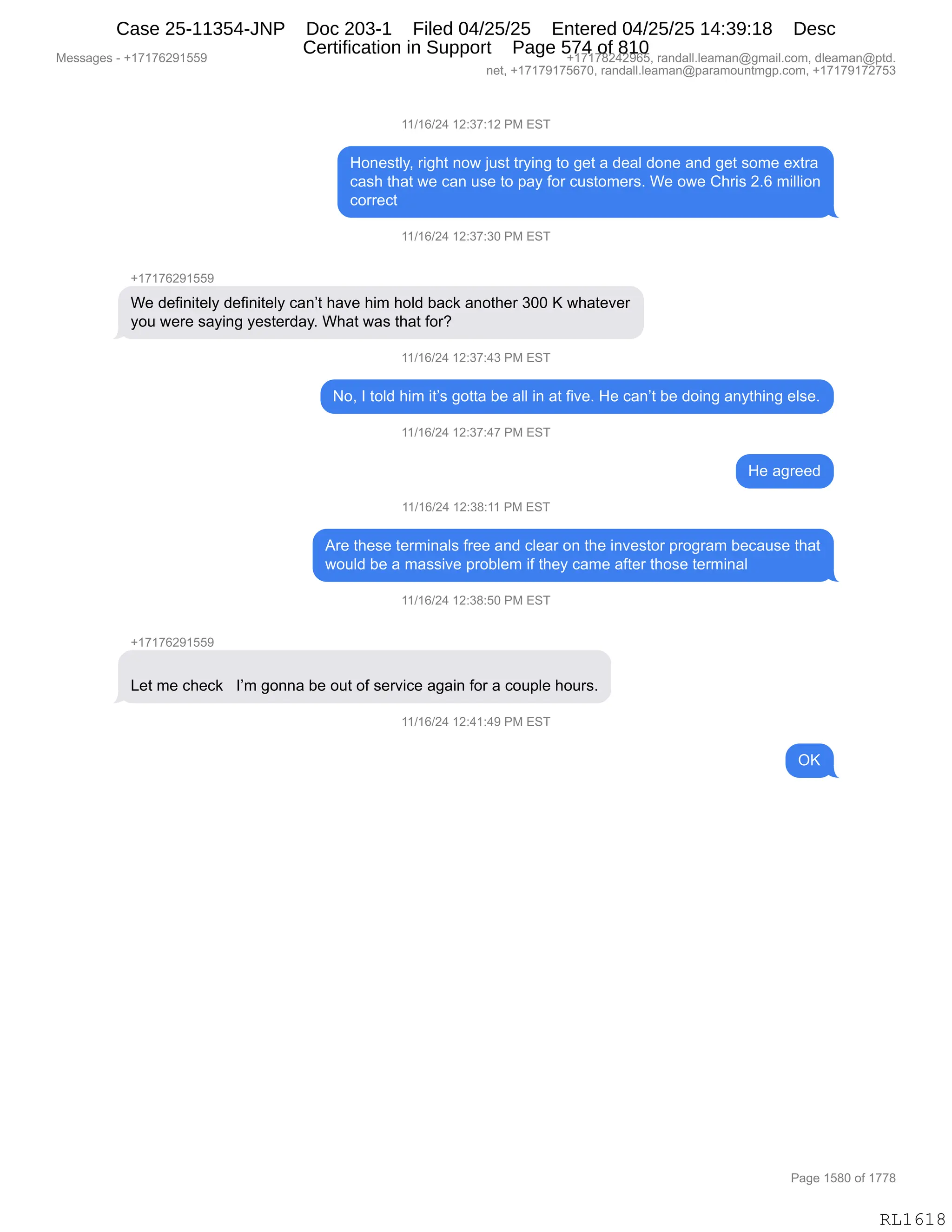 Daryl Heller Bankruptcy Court Filing (text messages and transcripts)