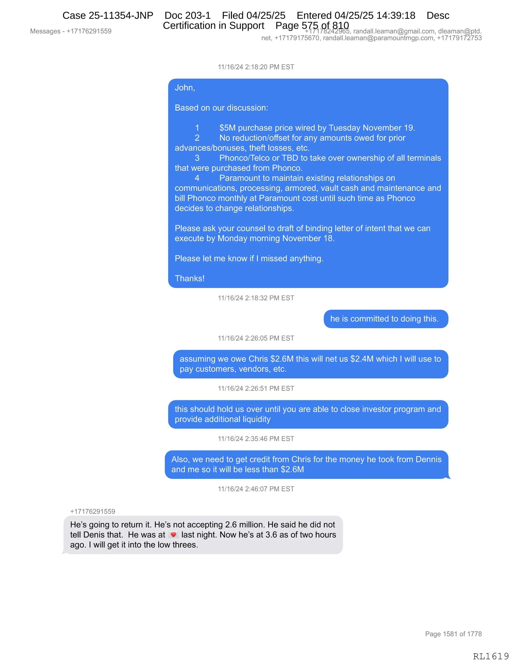 Daryl Heller Bankruptcy Court Filing (text messages and transcripts)