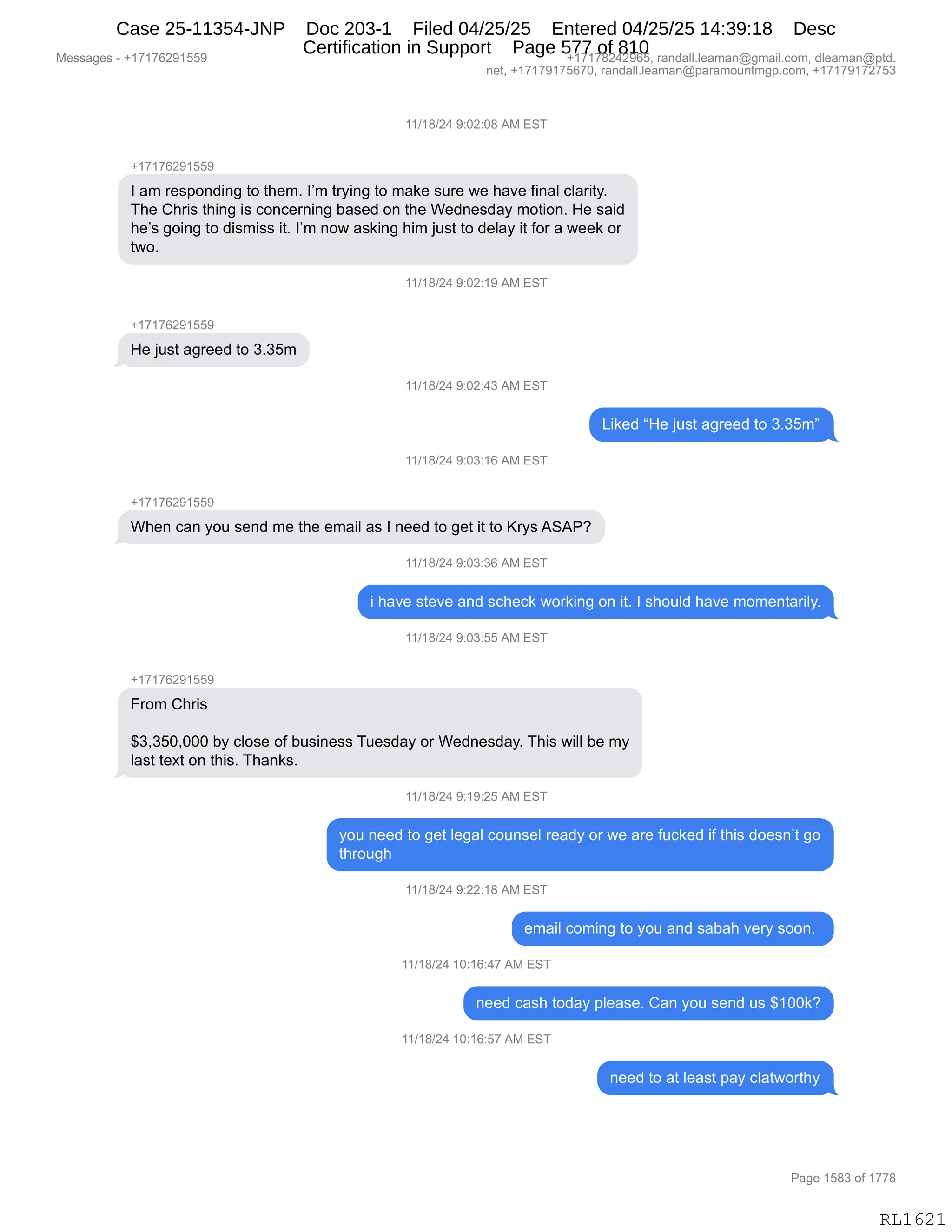 Daryl Heller Bankruptcy Court Filing (text messages and transcripts)