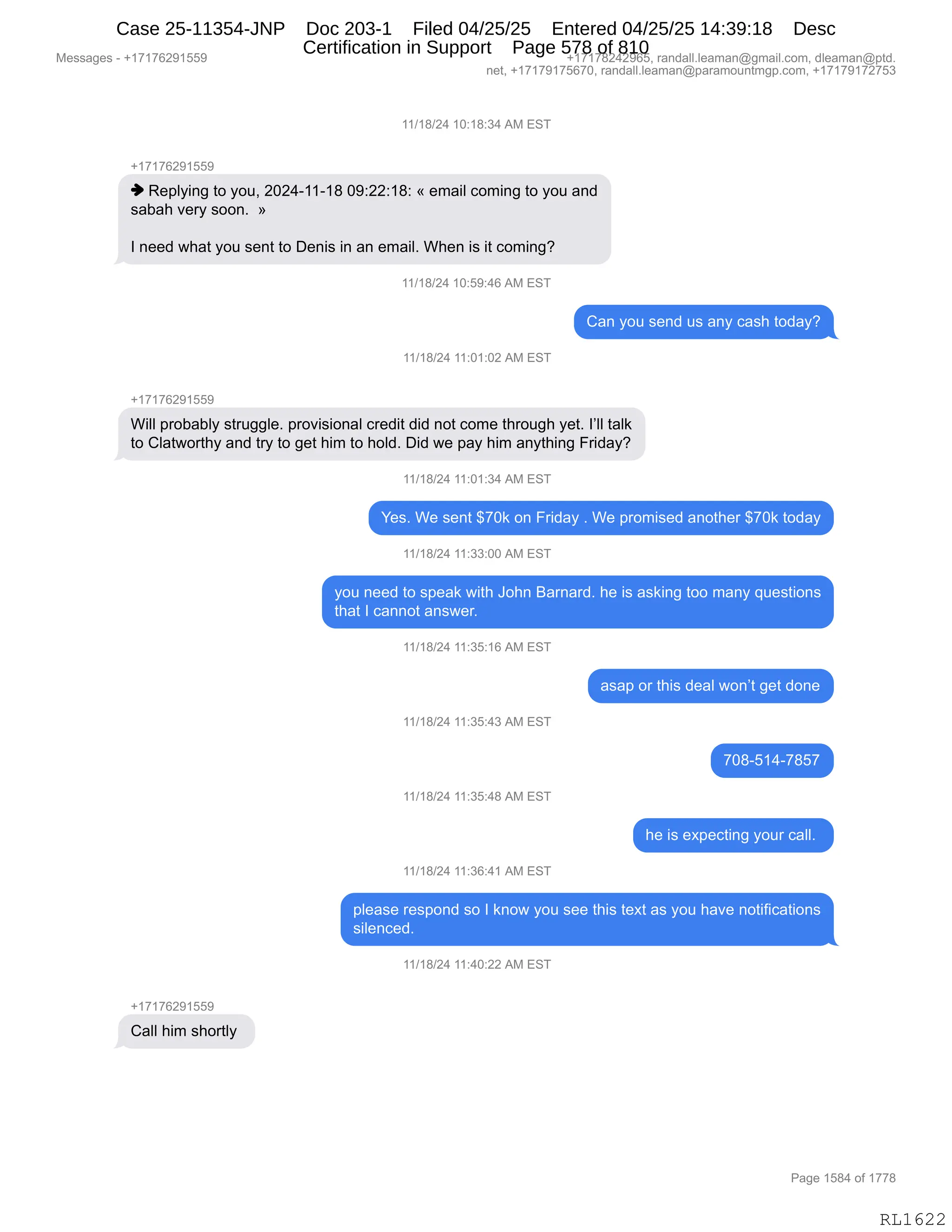 Daryl Heller Bankruptcy Court Filing (text messages and transcripts)