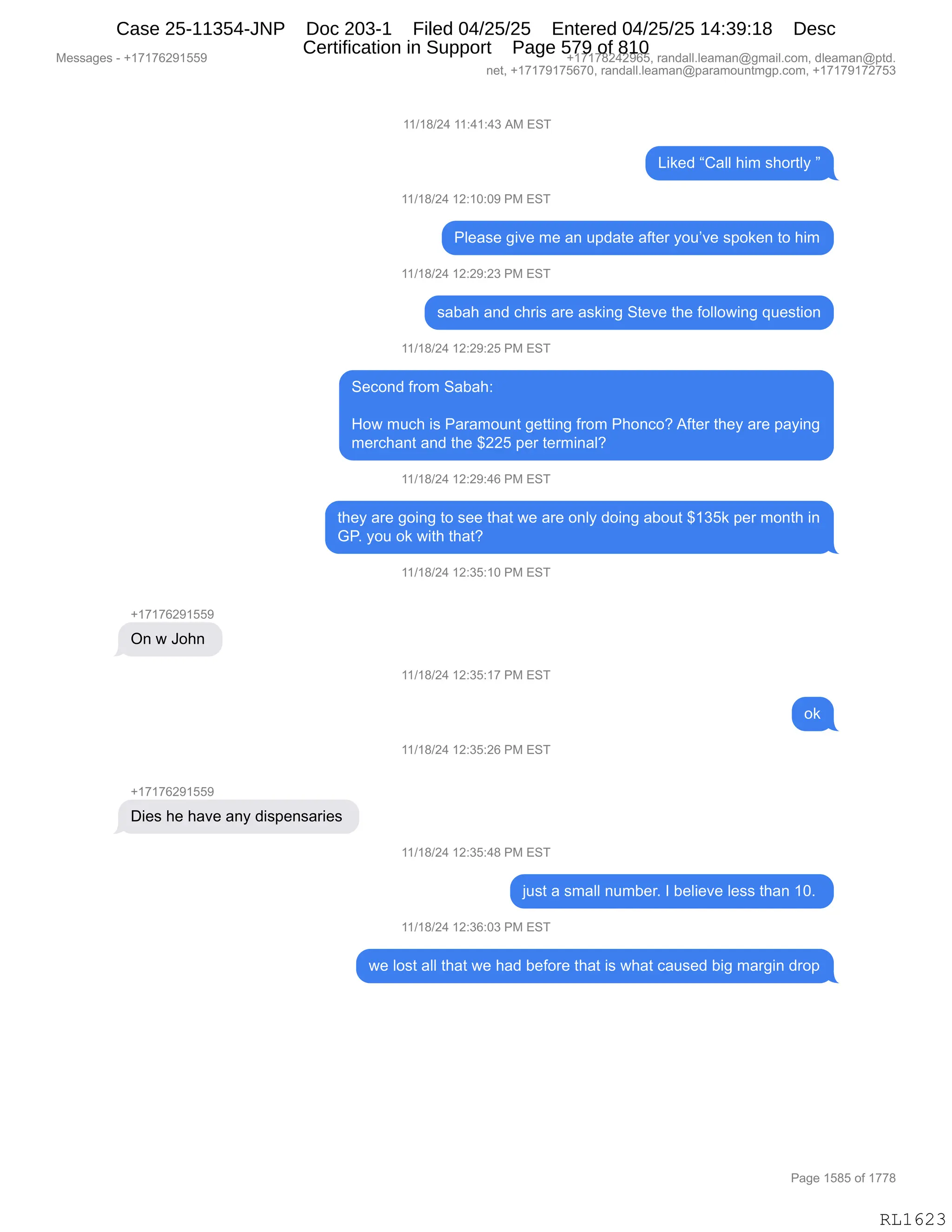 Daryl Heller Bankruptcy Court Filing (text messages and transcripts)