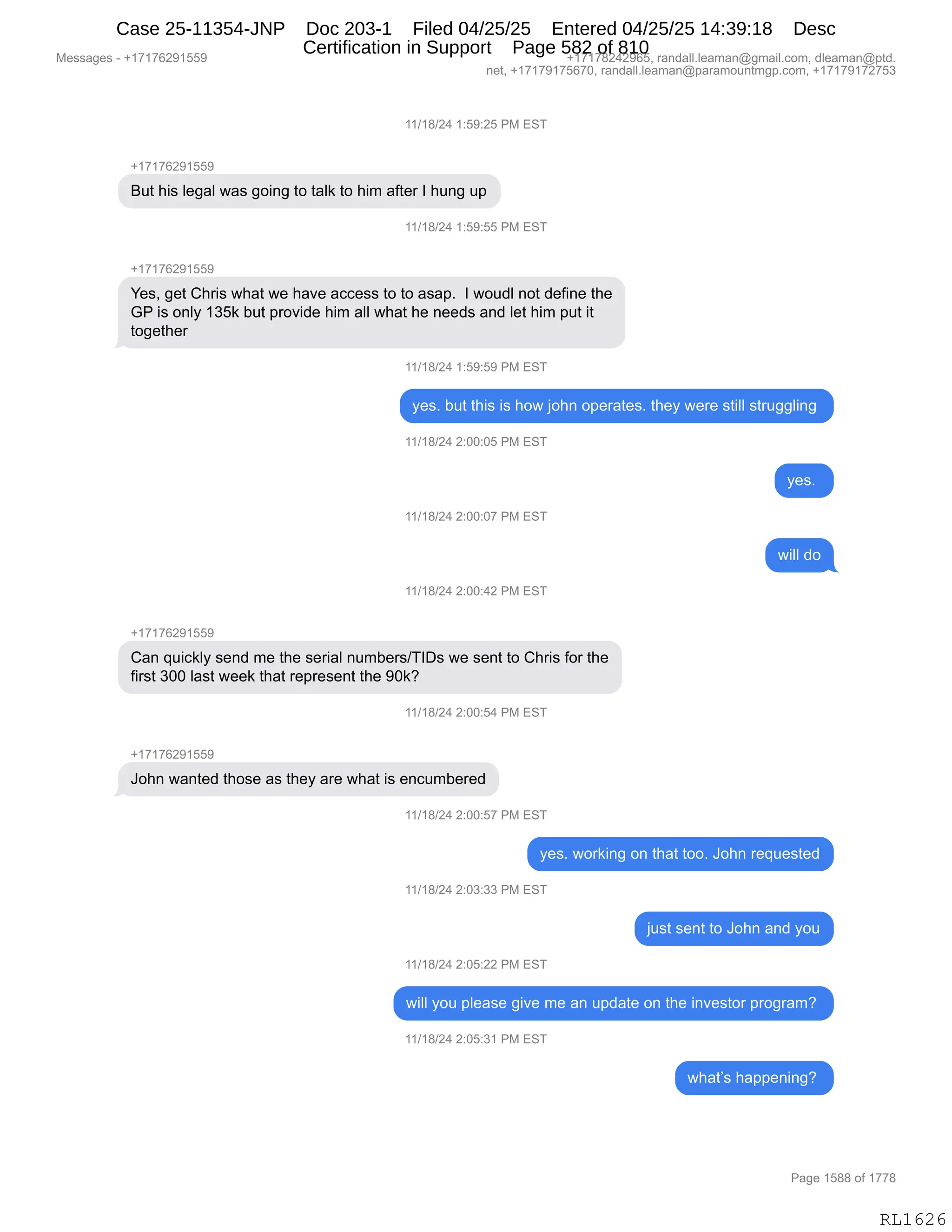 Daryl Heller Bankruptcy Court Filing (text messages and transcripts)