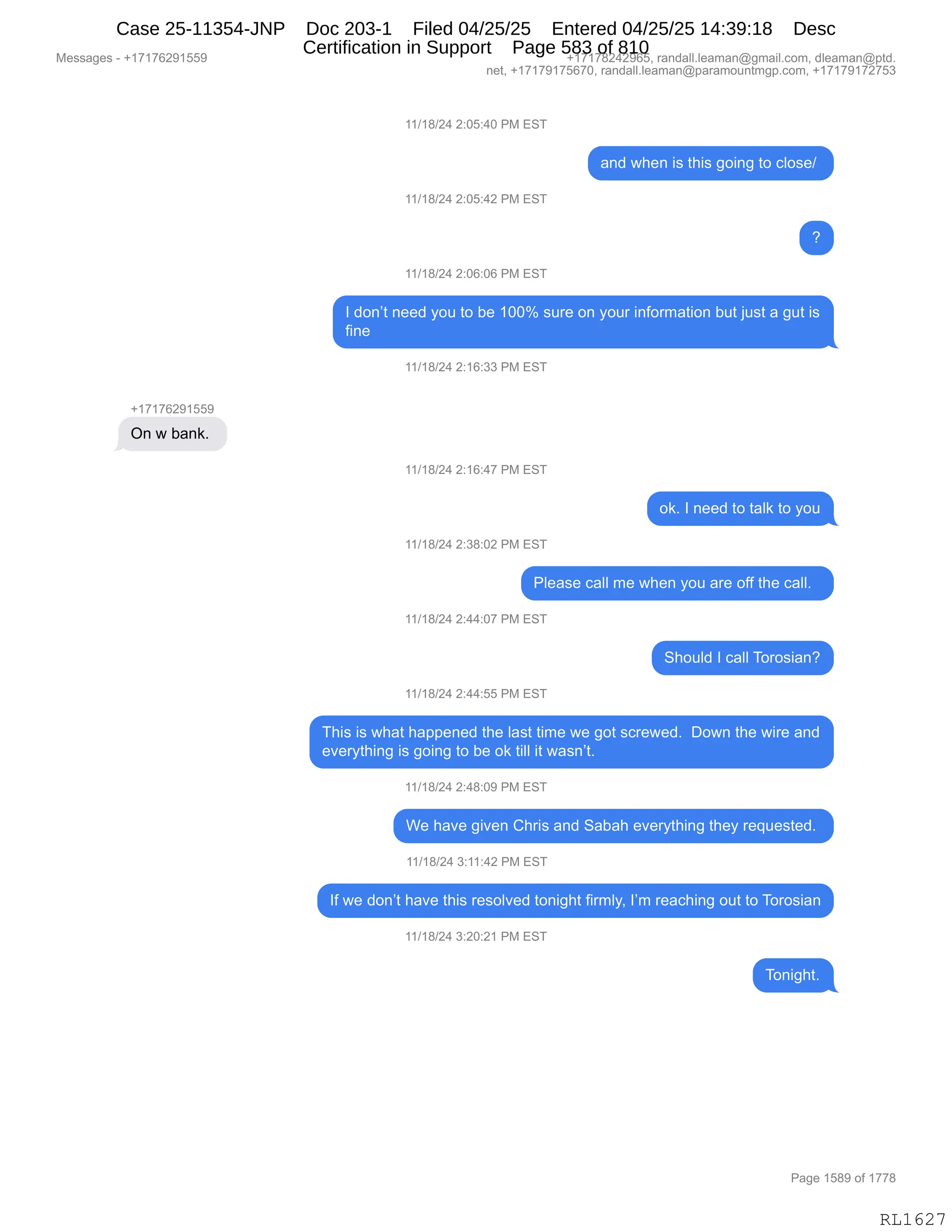 Daryl Heller Bankruptcy Court Filing (text messages and transcripts)