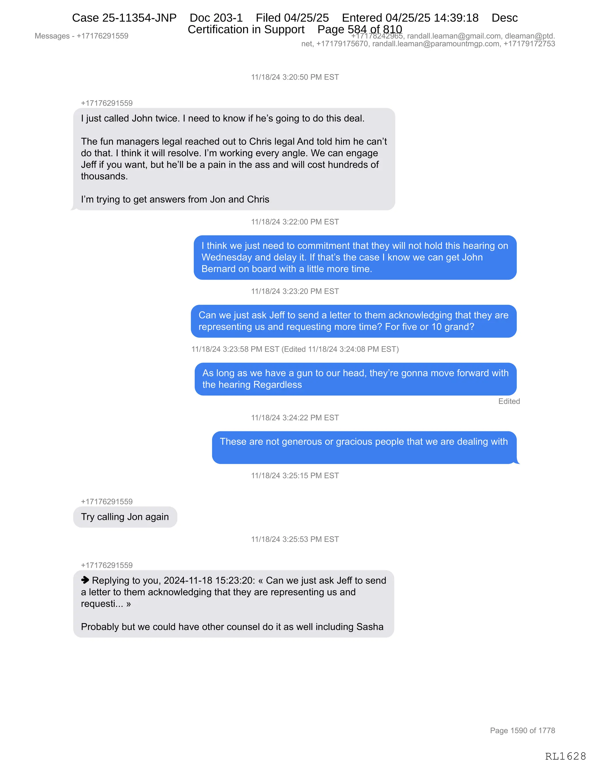 Daryl Heller Bankruptcy Court Filing (text messages and transcripts)