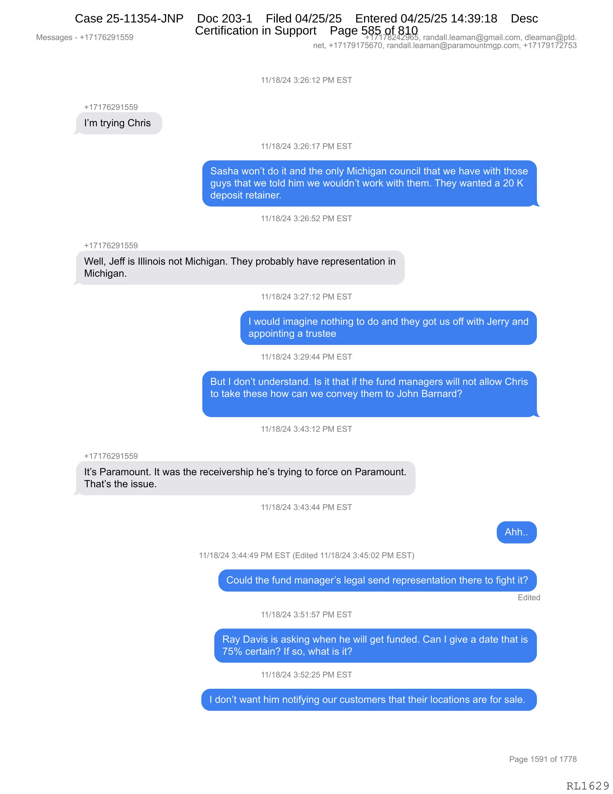 Daryl Heller Bankruptcy Court Filing (text messages and transcripts)