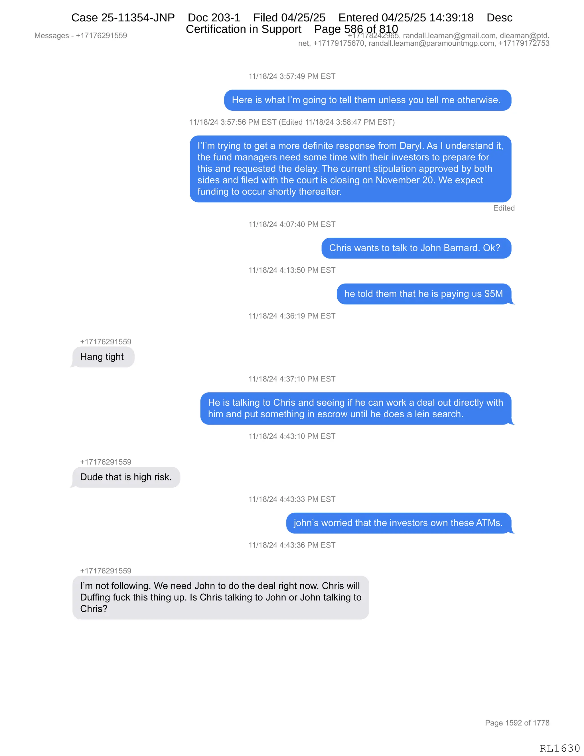 Daryl Heller Bankruptcy Court Filing (text messages and transcripts)