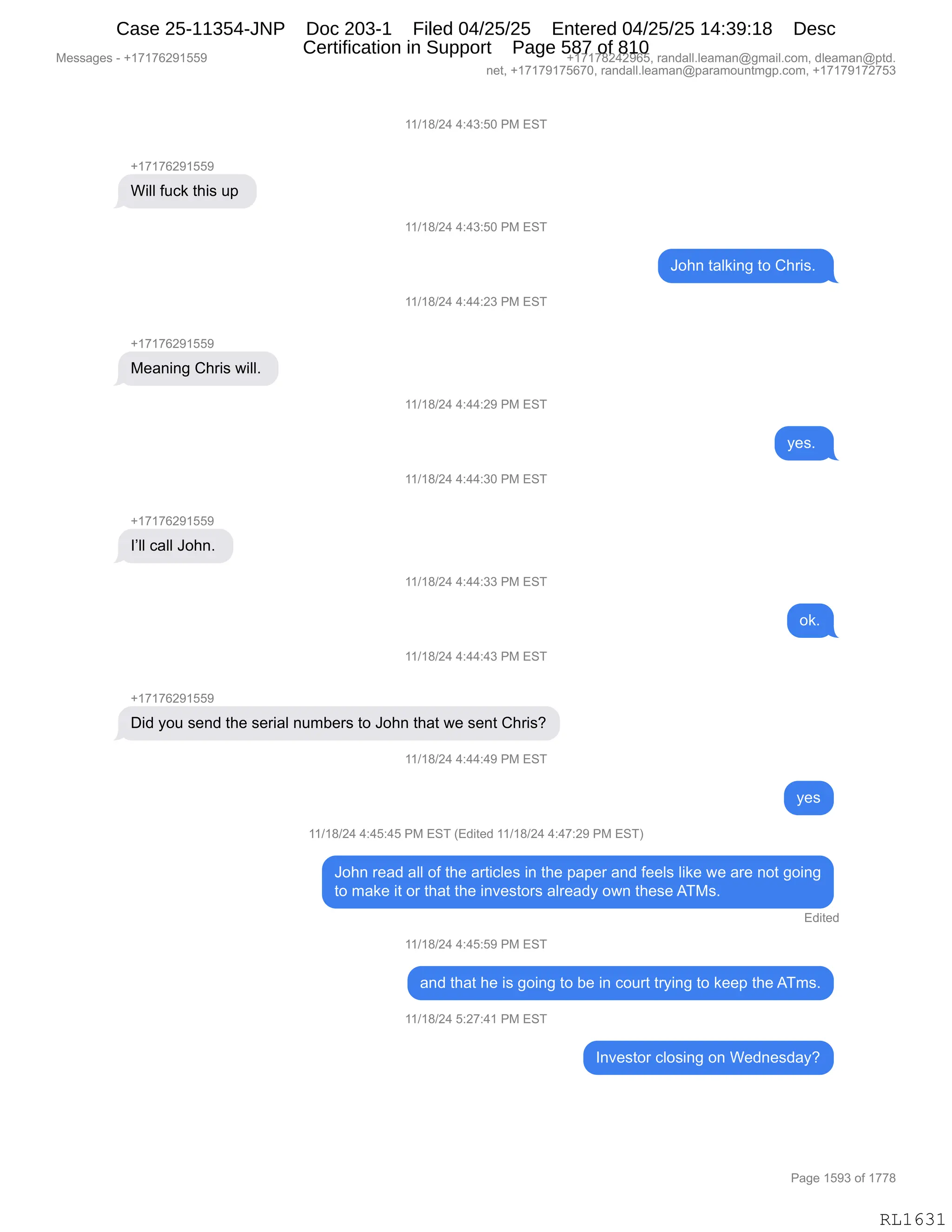 Daryl Heller Bankruptcy Court Filing (text messages and transcripts)