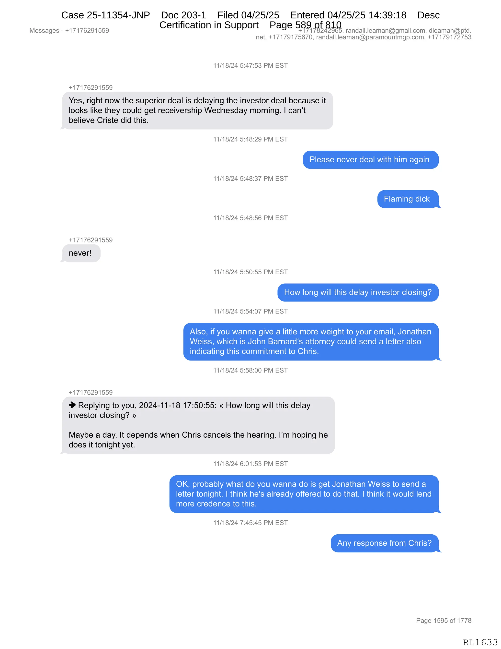 Daryl Heller Bankruptcy Court Filing (text messages and transcripts)