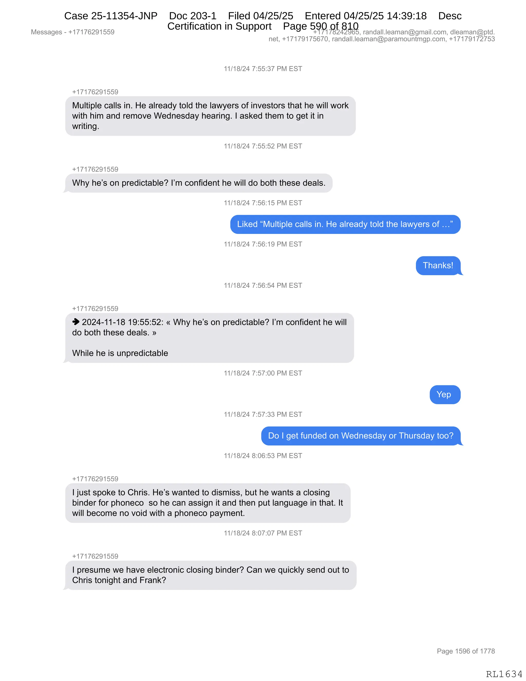 Daryl Heller Bankruptcy Court Filing (text messages and transcripts)