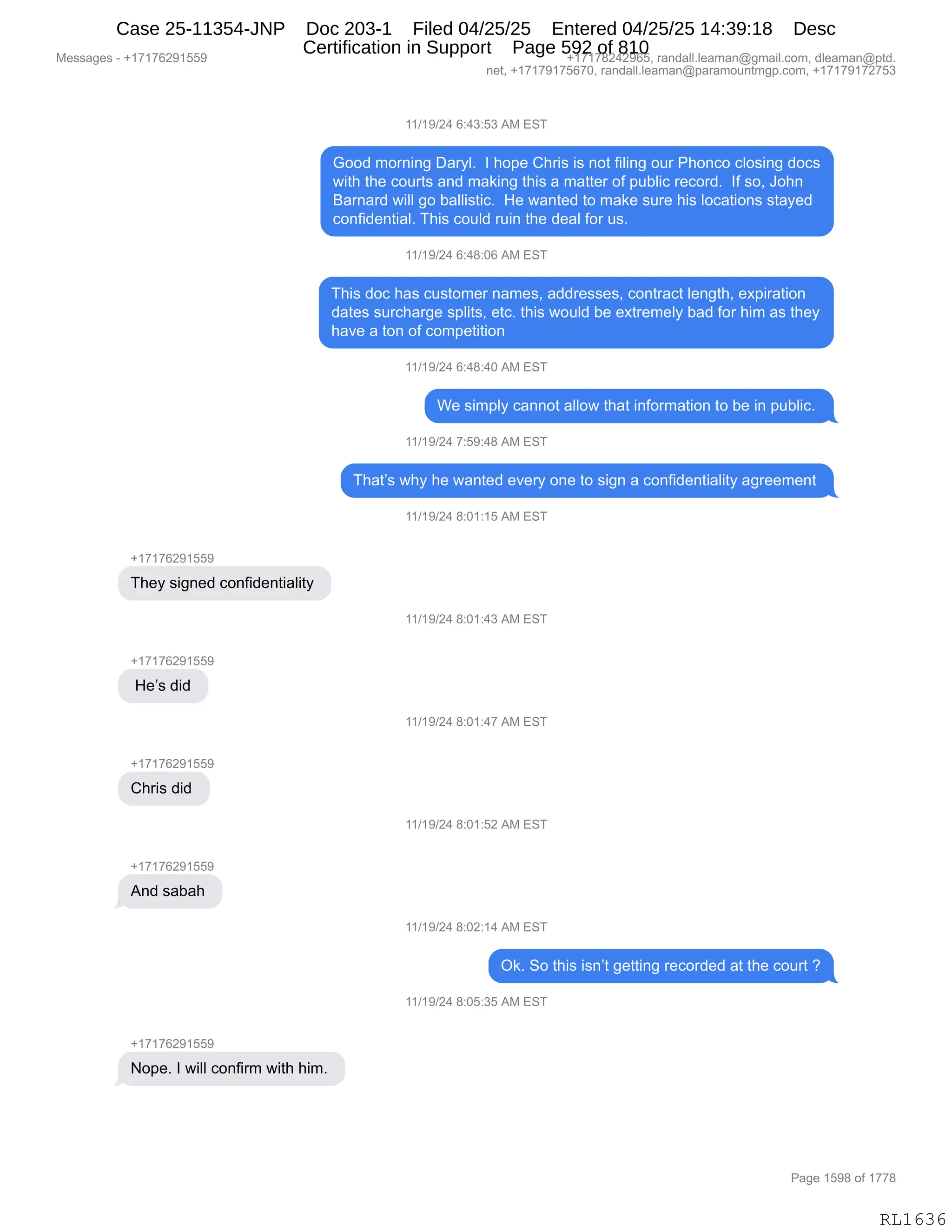 Daryl Heller Bankruptcy Court Filing (text messages and transcripts)