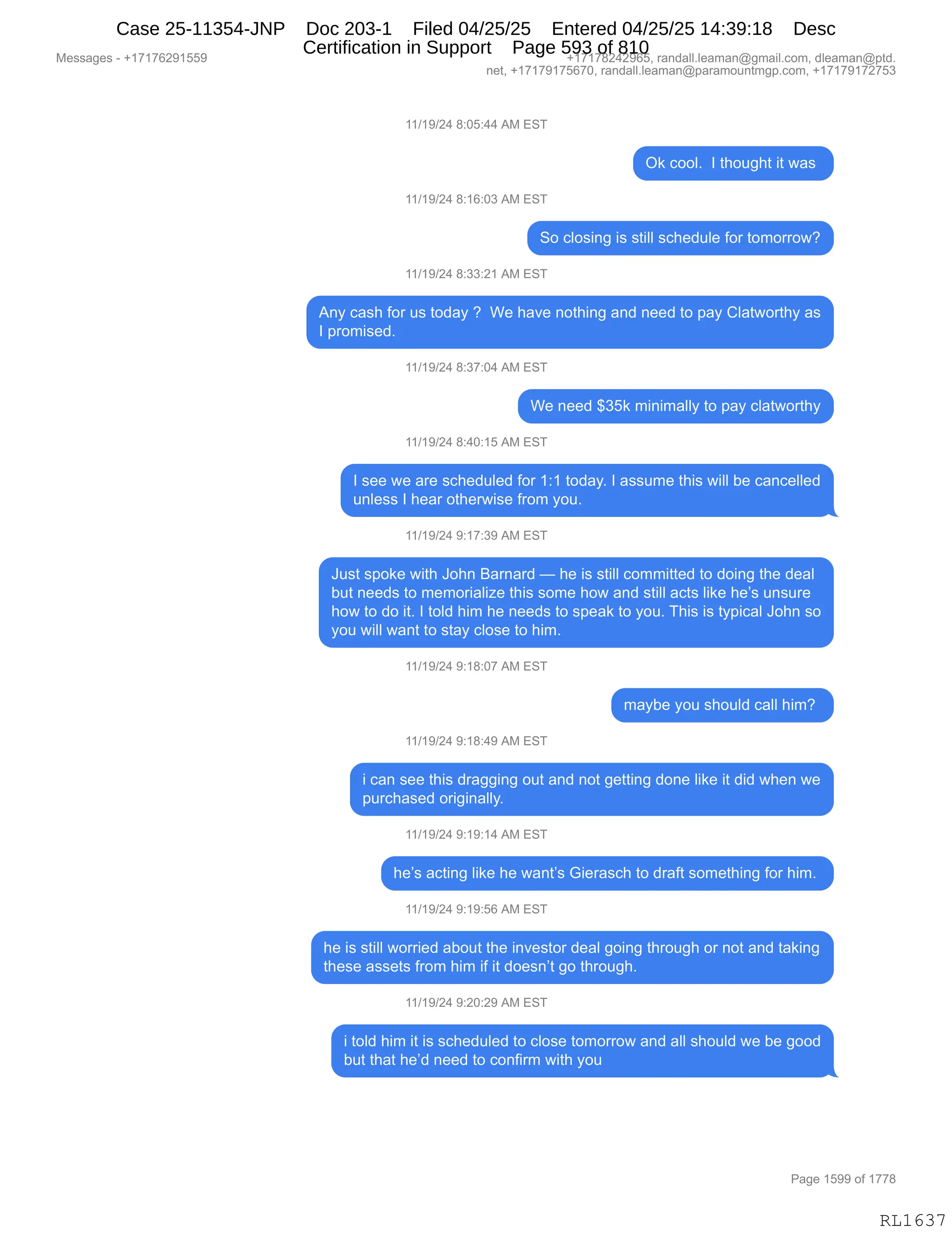 Daryl Heller Bankruptcy Court Filing (text messages and transcripts)