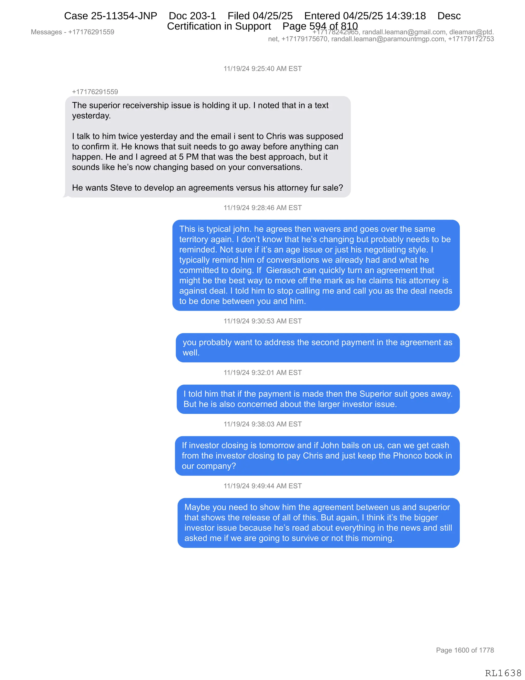 Daryl Heller Bankruptcy Court Filing (text messages and transcripts)