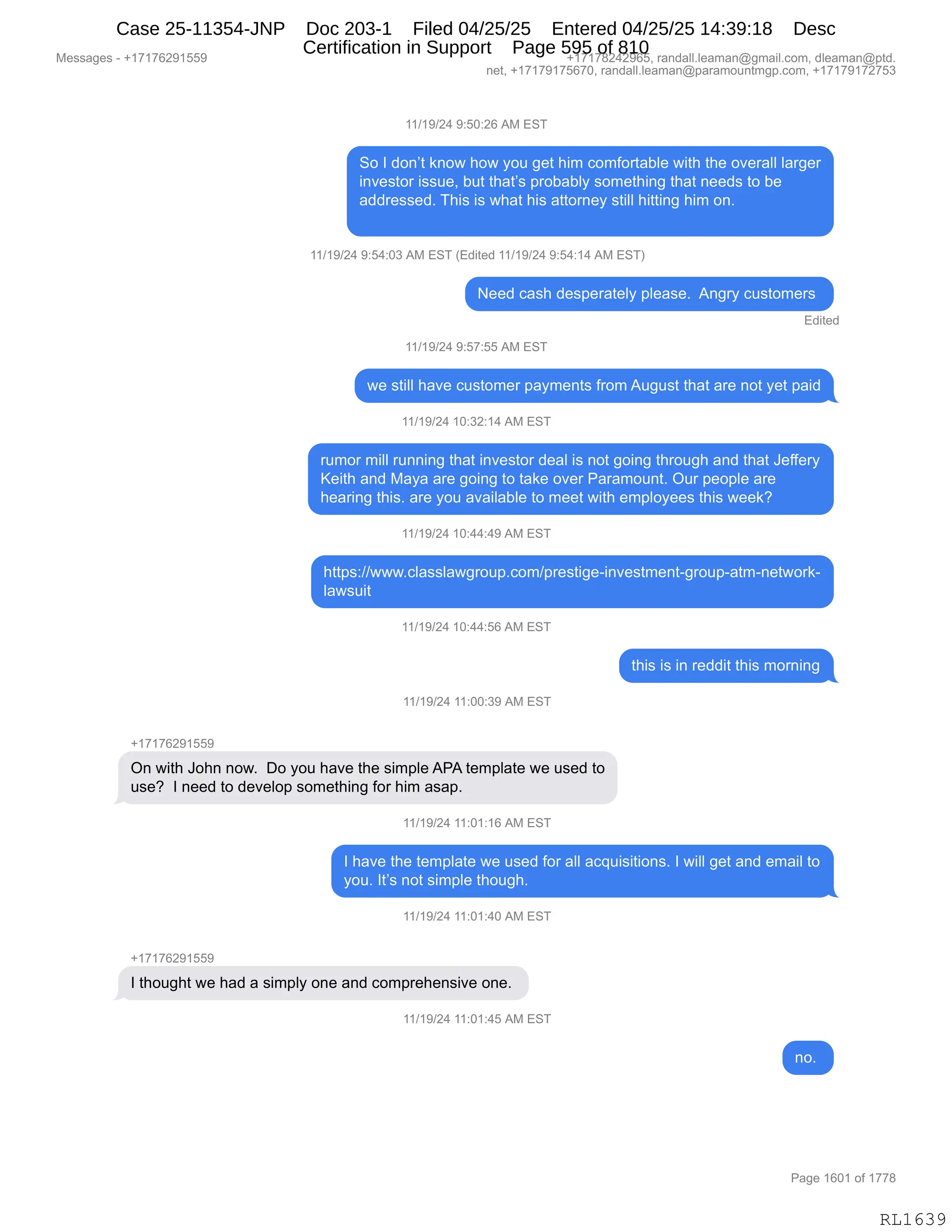 Daryl Heller Bankruptcy Court Filing (text messages and transcripts)