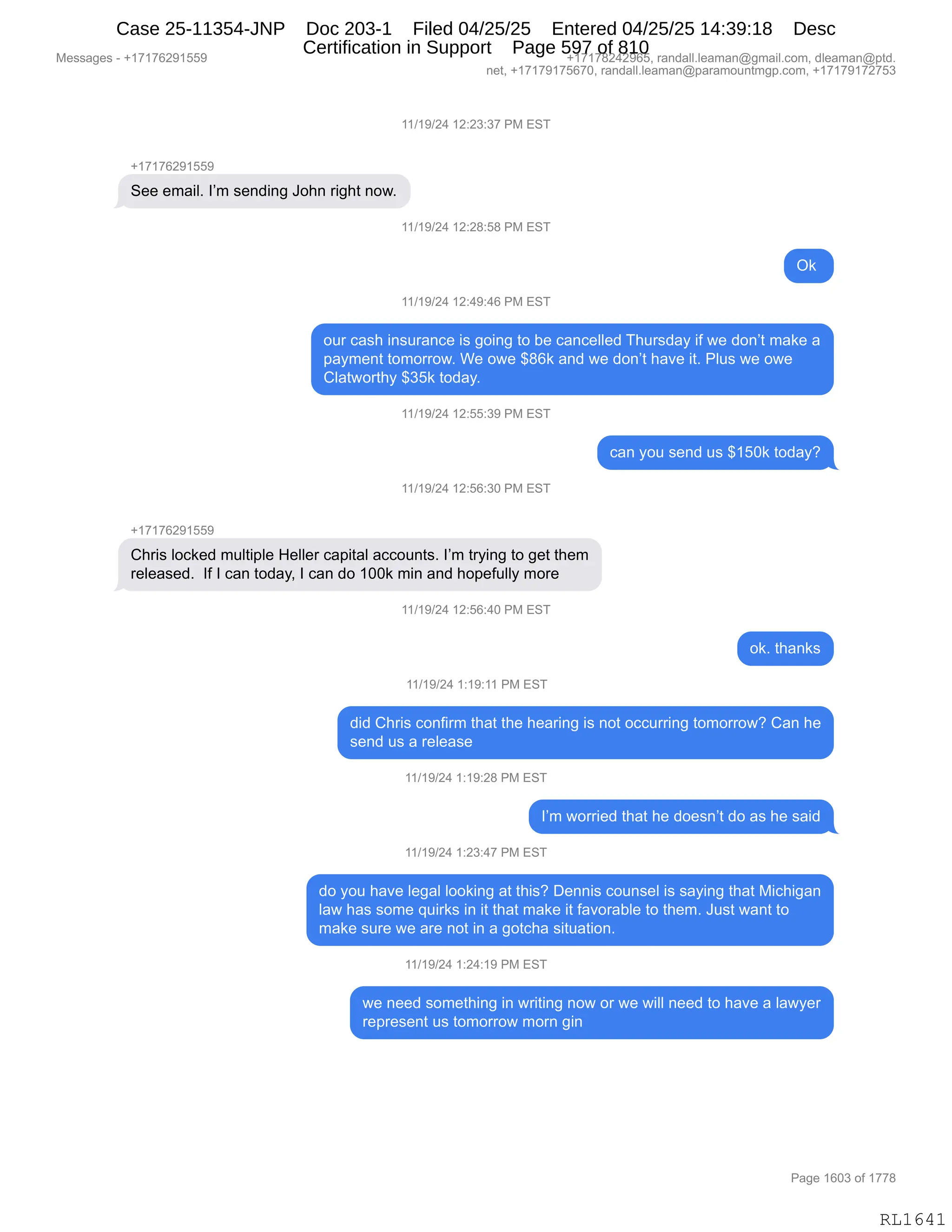 Daryl Heller Bankruptcy Court Filing (text messages and transcripts)